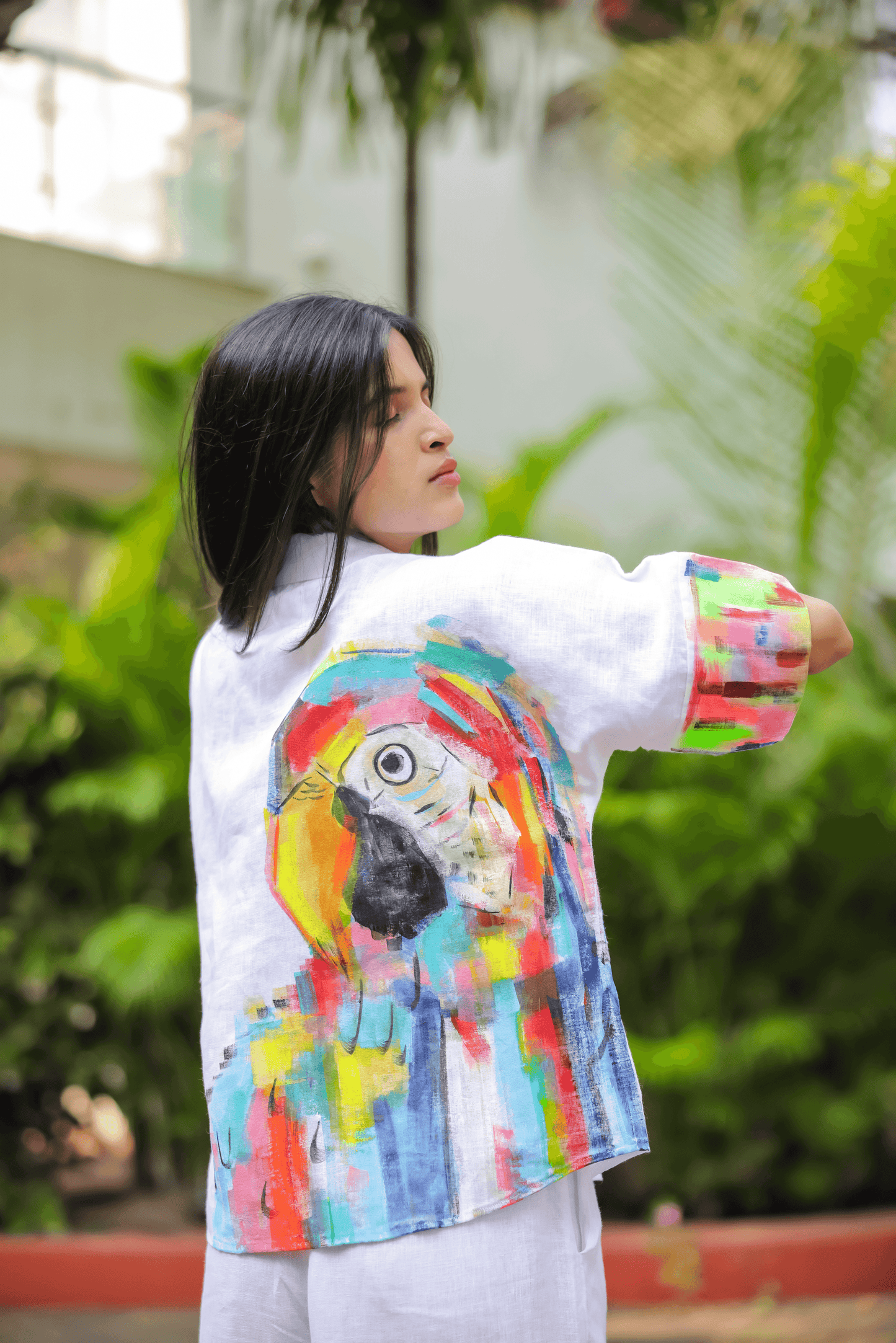 Hand-Painted White Kurta with Vibrant Parrot Design - Kaapad
