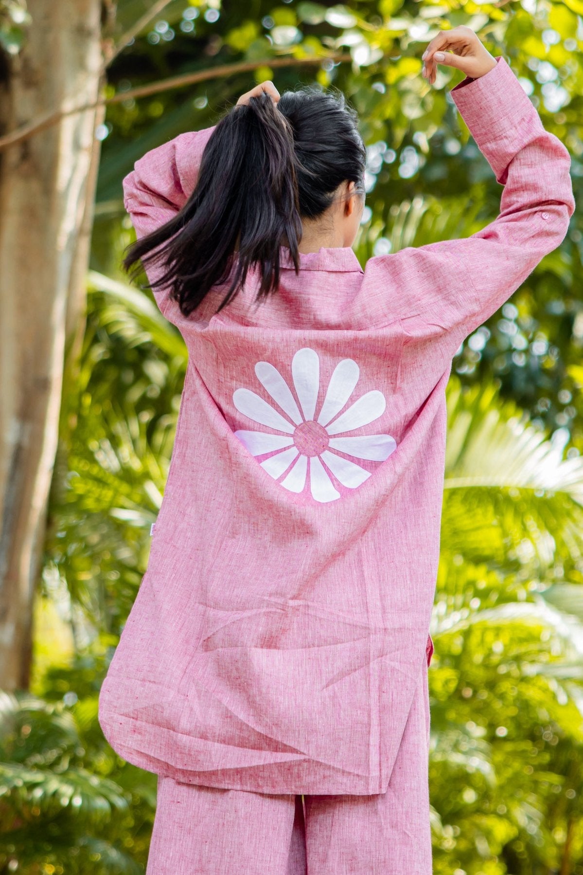 Elegant Asymmetric Linen Shirt with Floral Back Patch