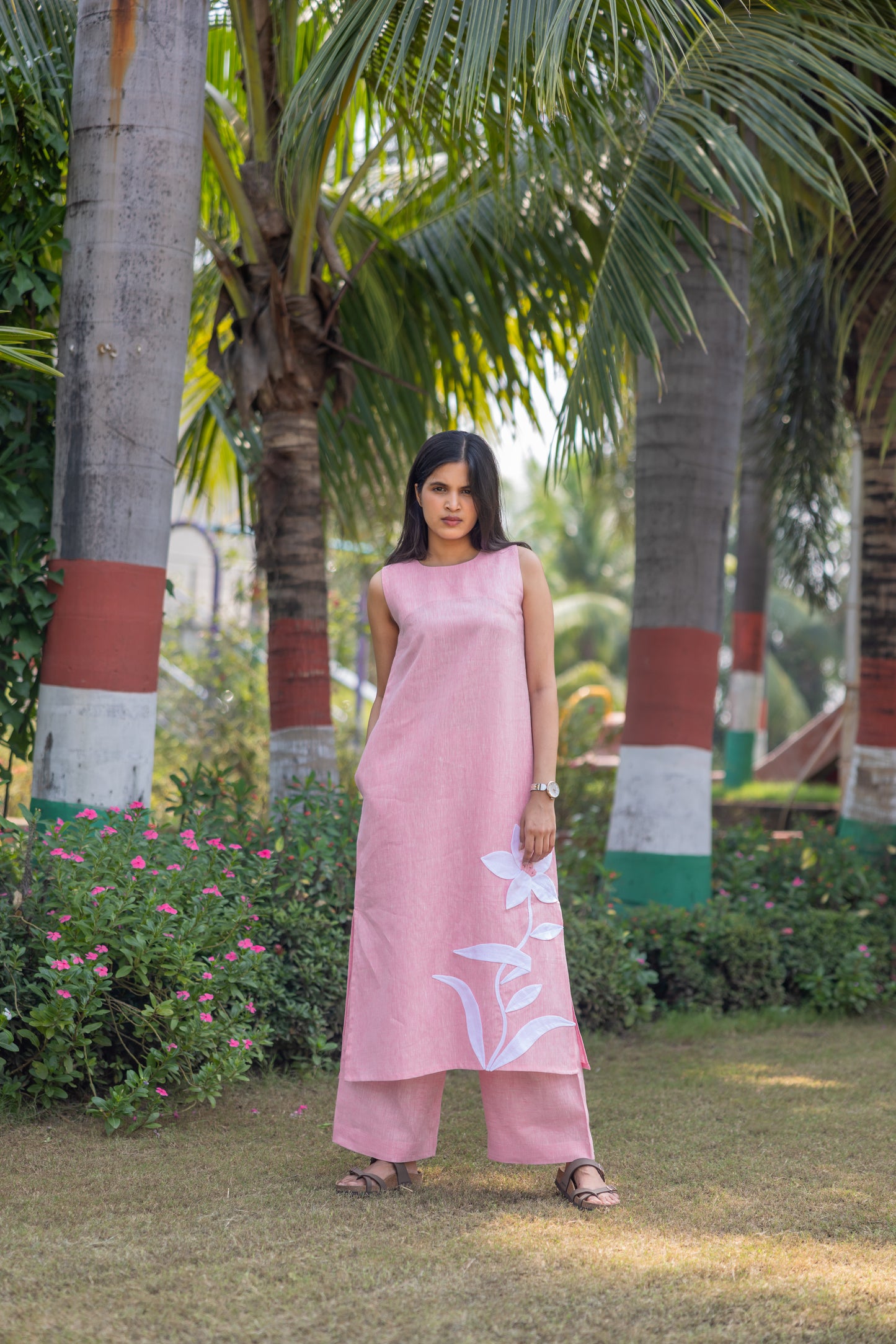 Pure linen Elegant Tunic Top with floral patch and Pant