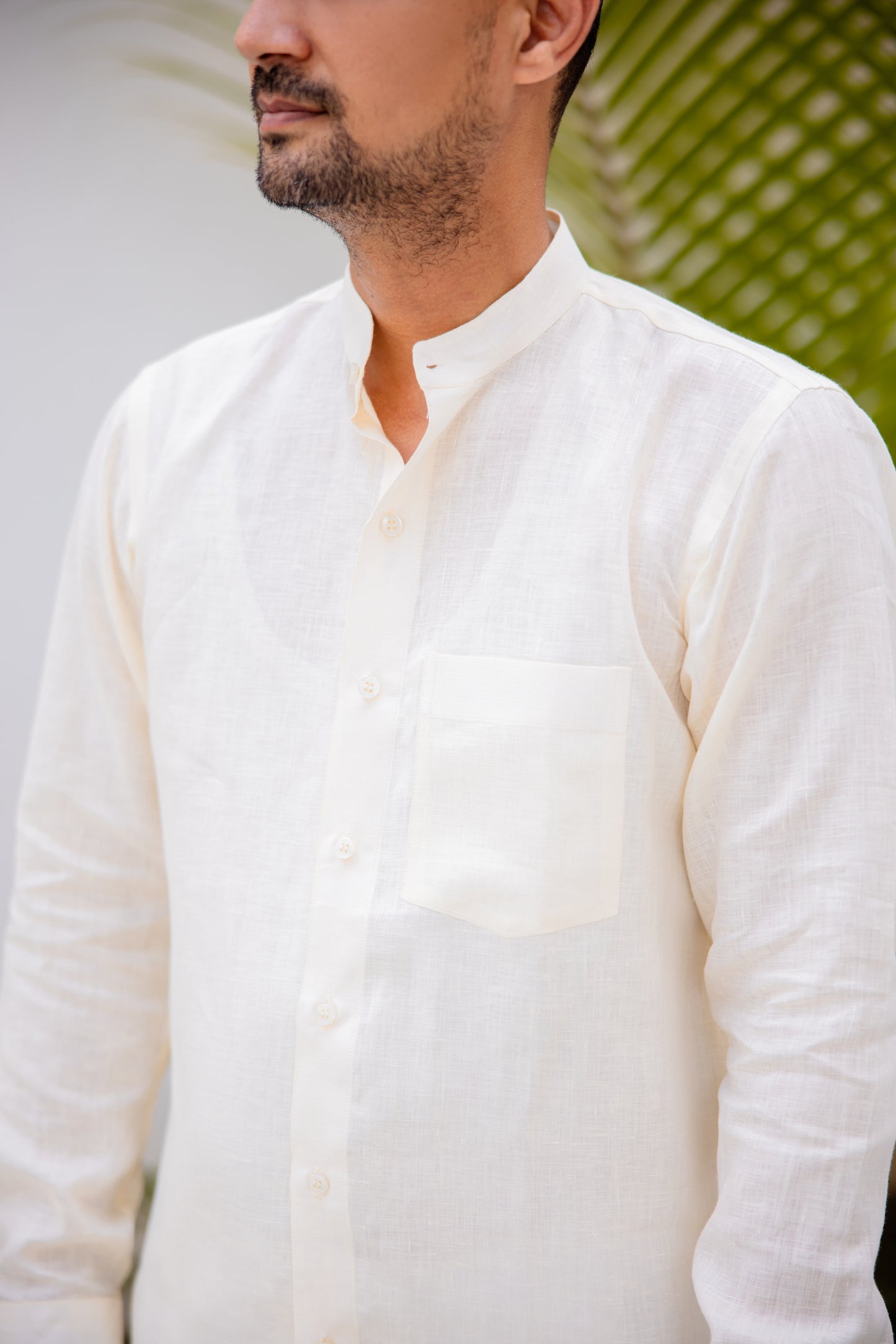 Pure Linen Mandarin Collar Patch Pocket Men's Shirt- Pearl Ivory