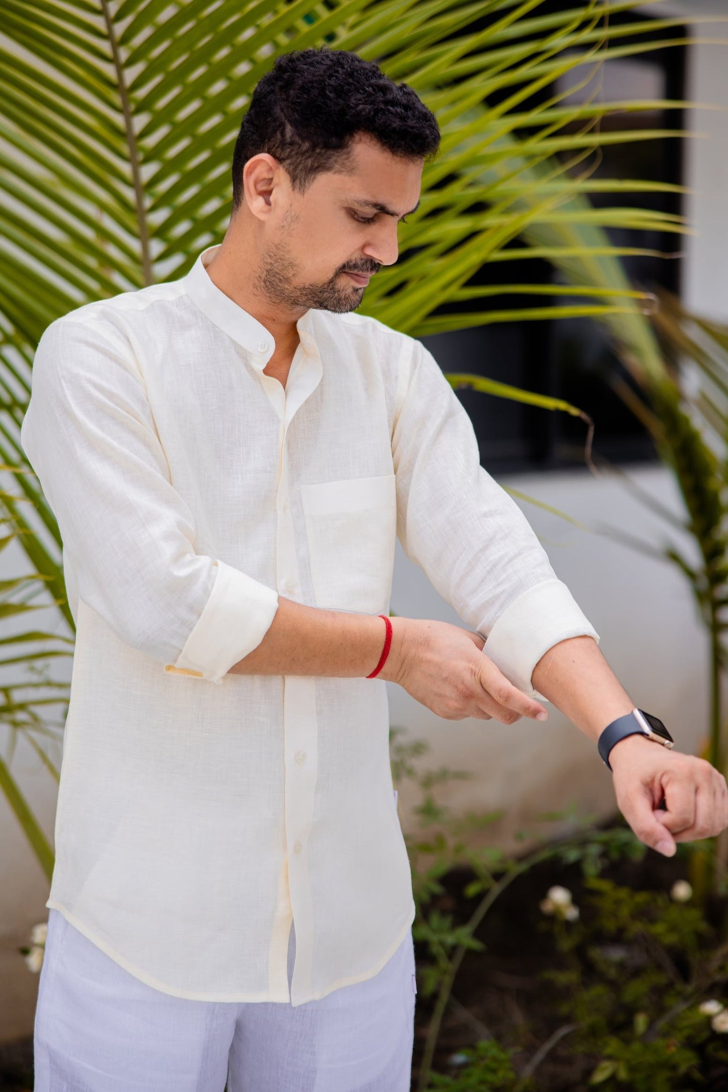 Pure Linen Mandarin Collar Patch Pocket Men's Shirt- Pearl Ivory