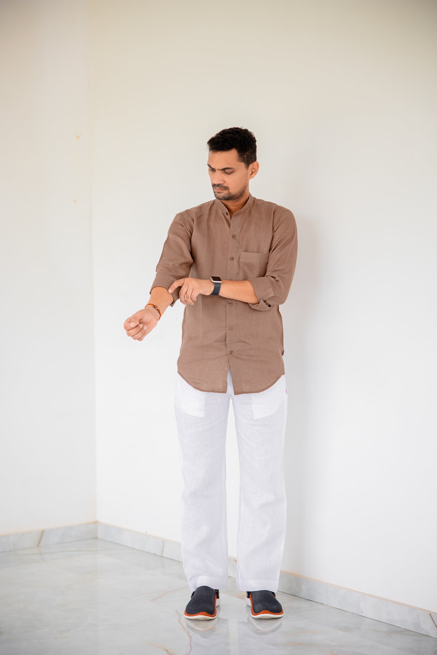 Pure Linen Mandarin Collar Patch Pocket Men's Shirt- Chocolate Mousse