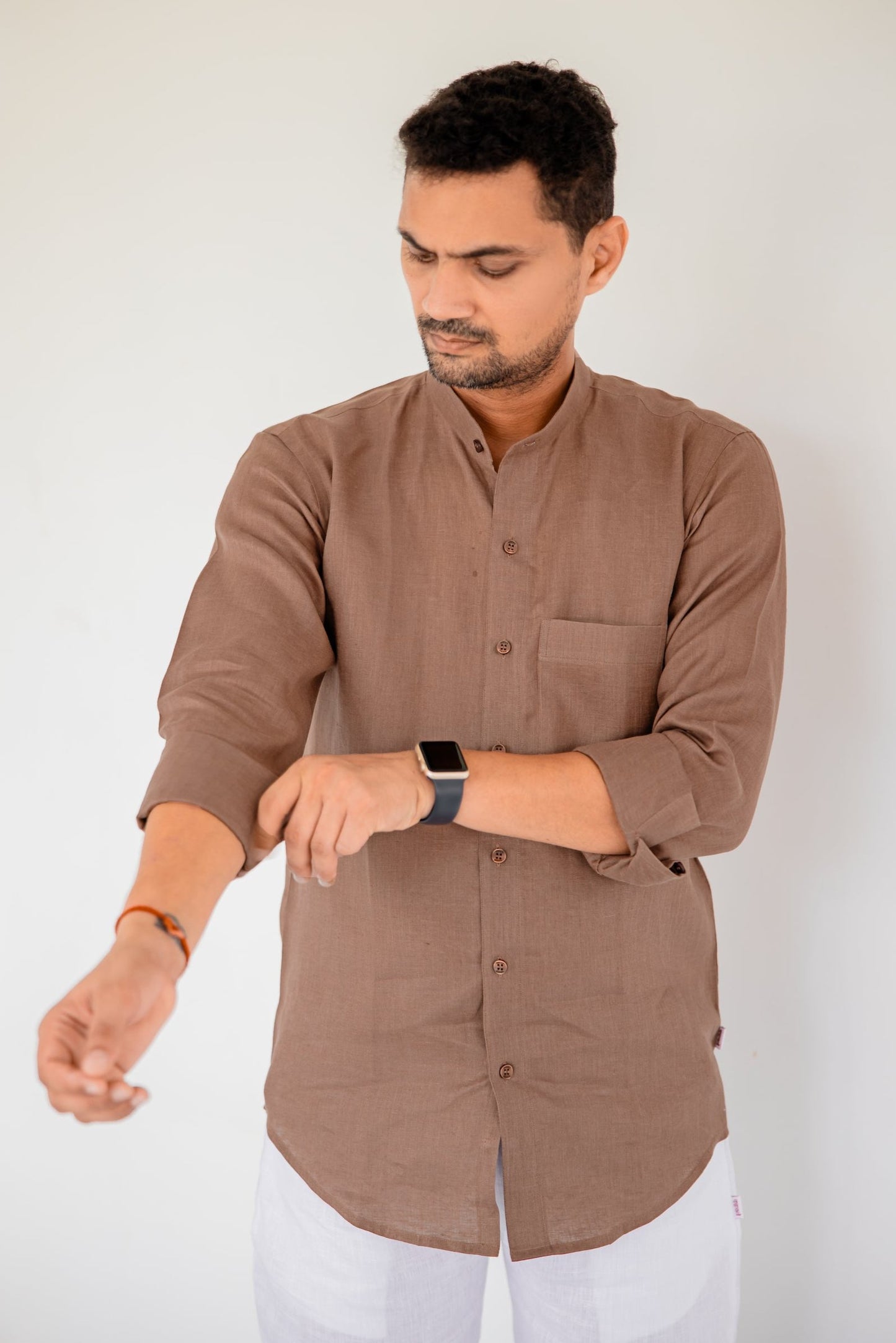 Pure Linen Mandarin Collar Patch Pocket Men's Shirt- Chocolate Mousse