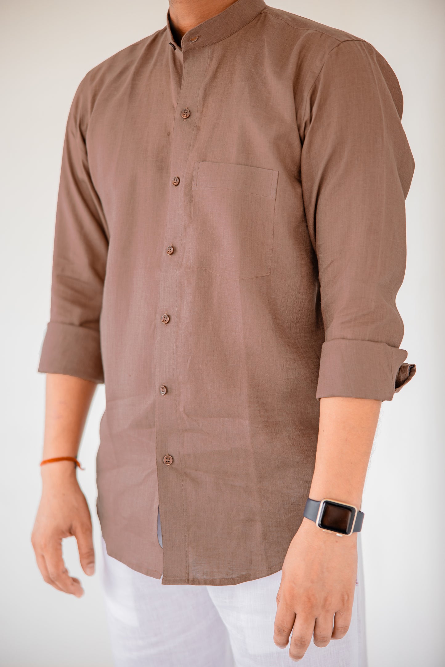 Pure Linen Mandarin Collar Patch Pocket Men's Shirt- Chocolate Mousse