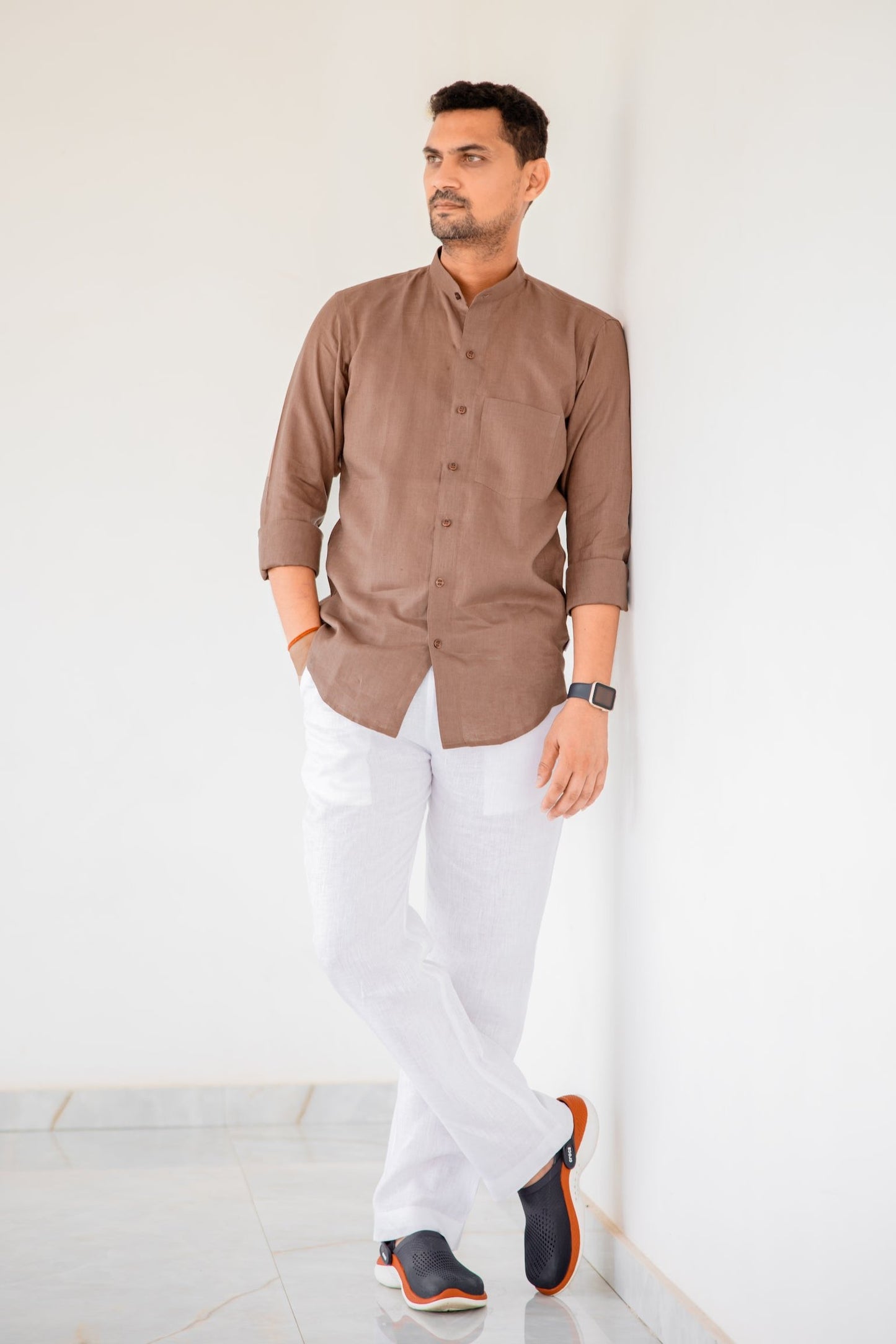 Pure Linen Mandarin Collar Patch Pocket Men's Shirt- Chocolate Mousse