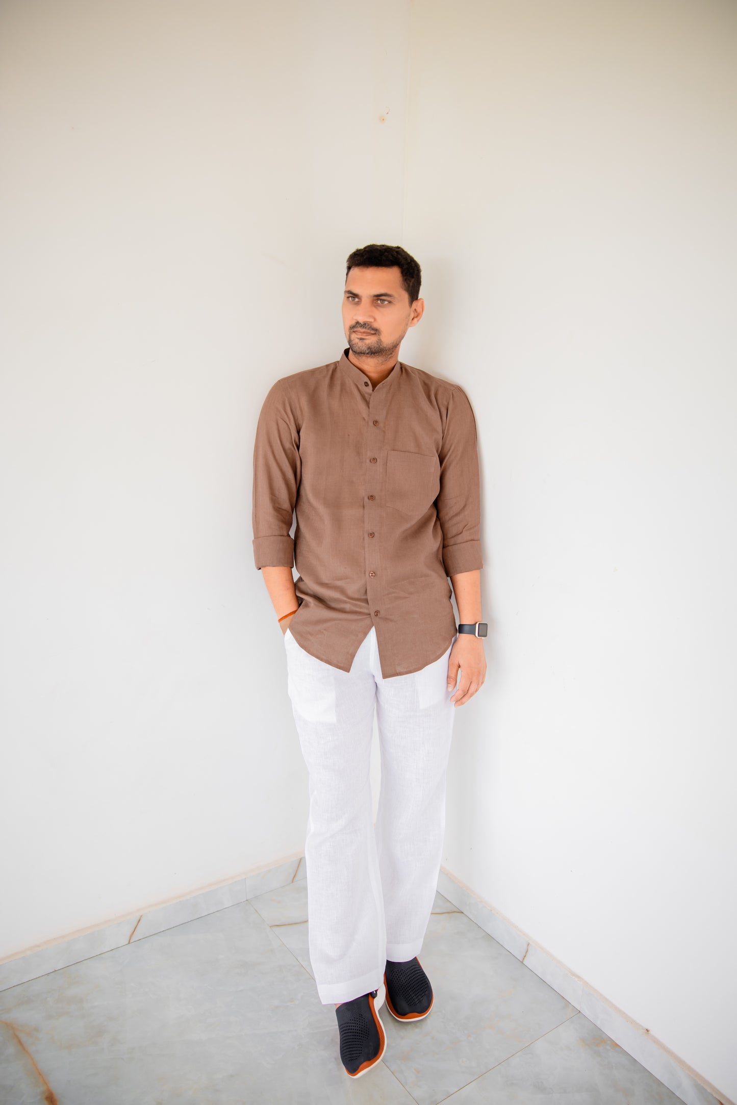 Pure Linen Mandarin Collar Patch Pocket Men's Shirt- Chocolate Mousse