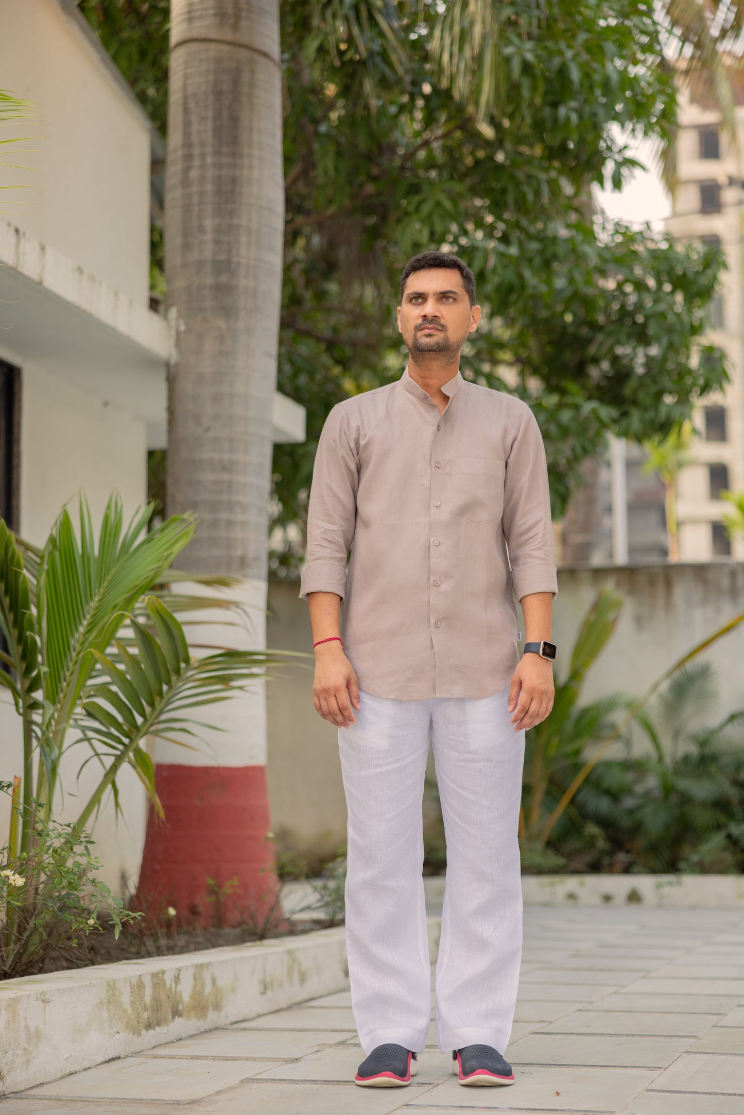 Pure Linen Mandarin Collar Patch Pocket Men's Shirt-Beige