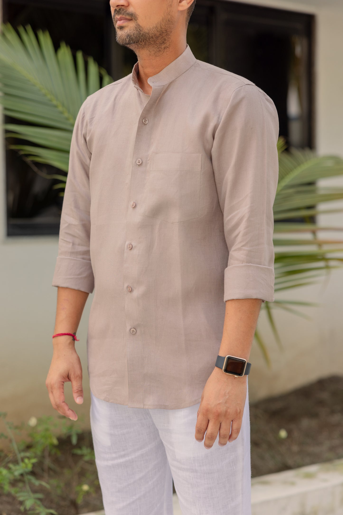 Pure Linen Mandarin Collar Patch Pocket Men's Shirt-Beige