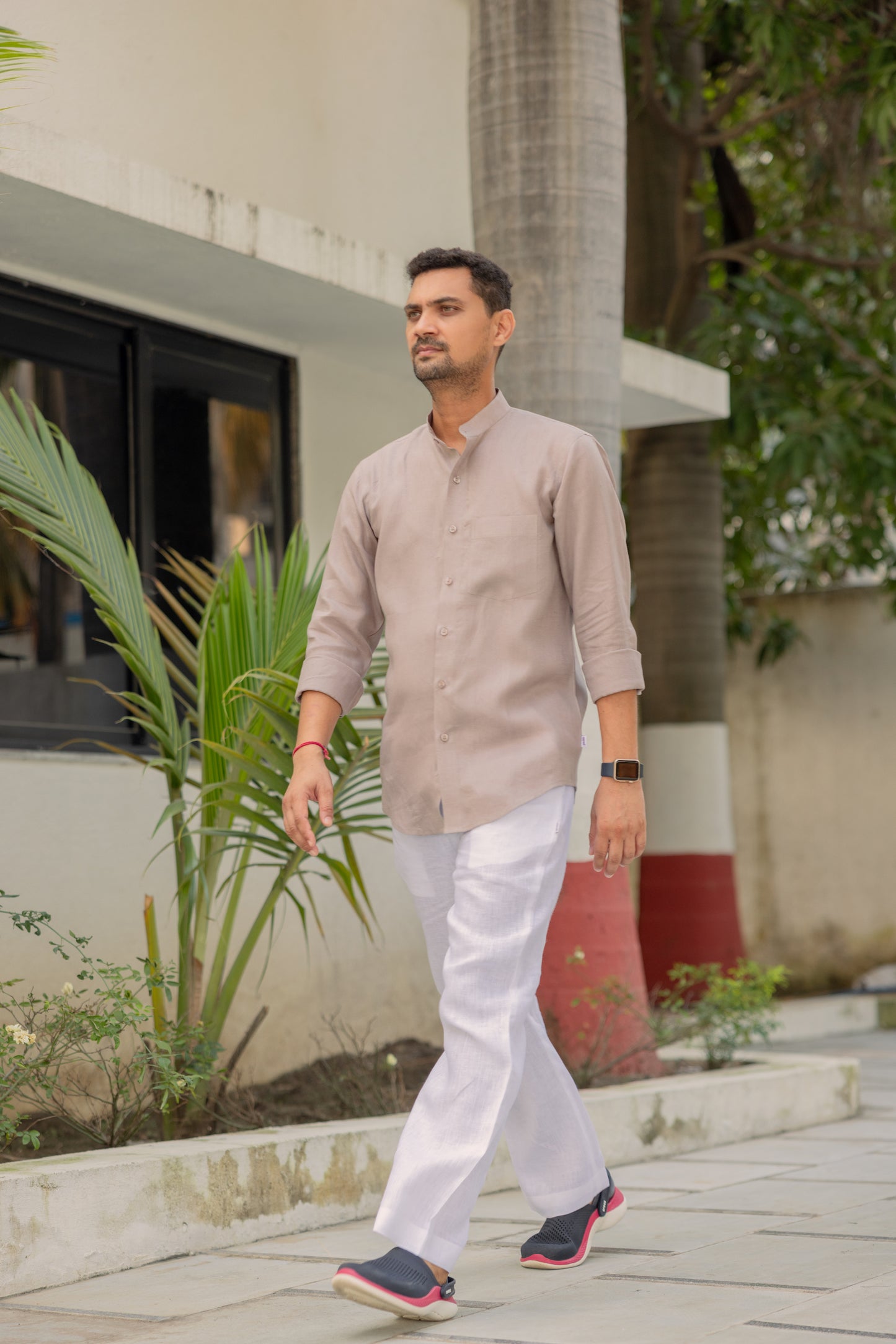 Pure Linen Mandarin Collar Patch Pocket Men's Shirt-Beige