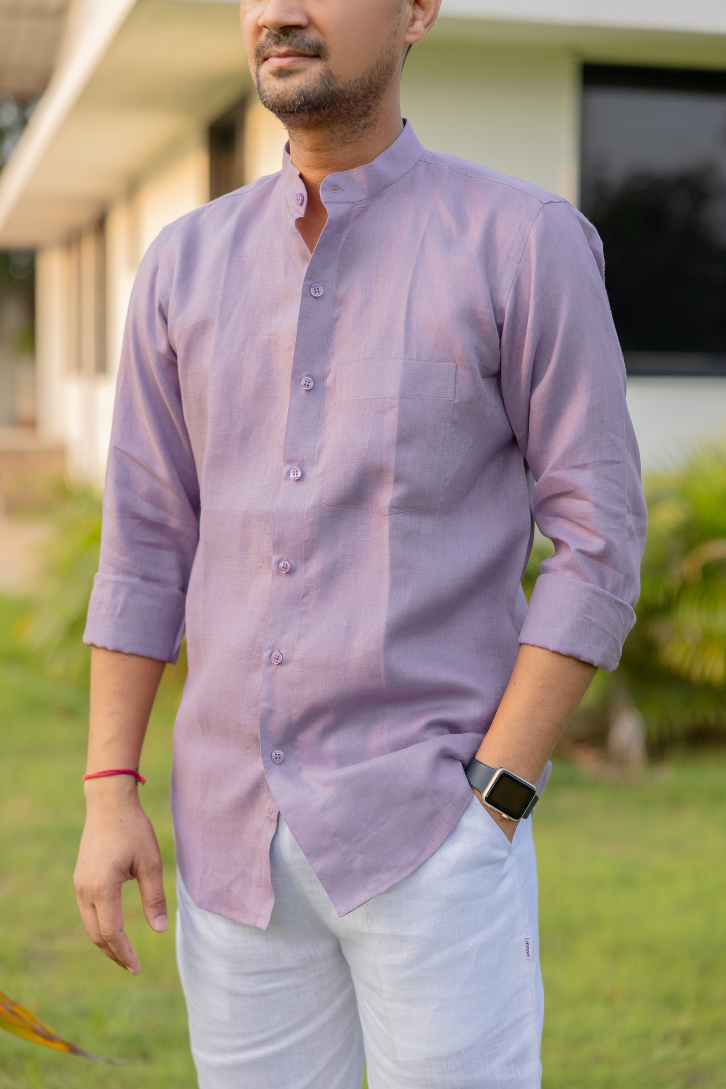 Pure Linen Mandarin Collar Patch Pocket Men's Shirt- Mauve