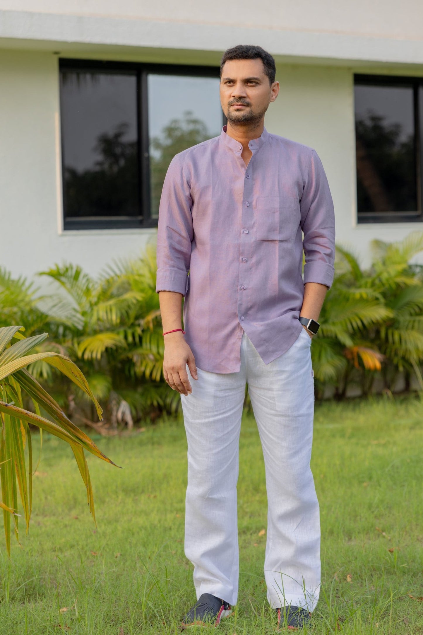 Pure Linen Mandarin Collar Patch Pocket Men's Shirt- Mauve