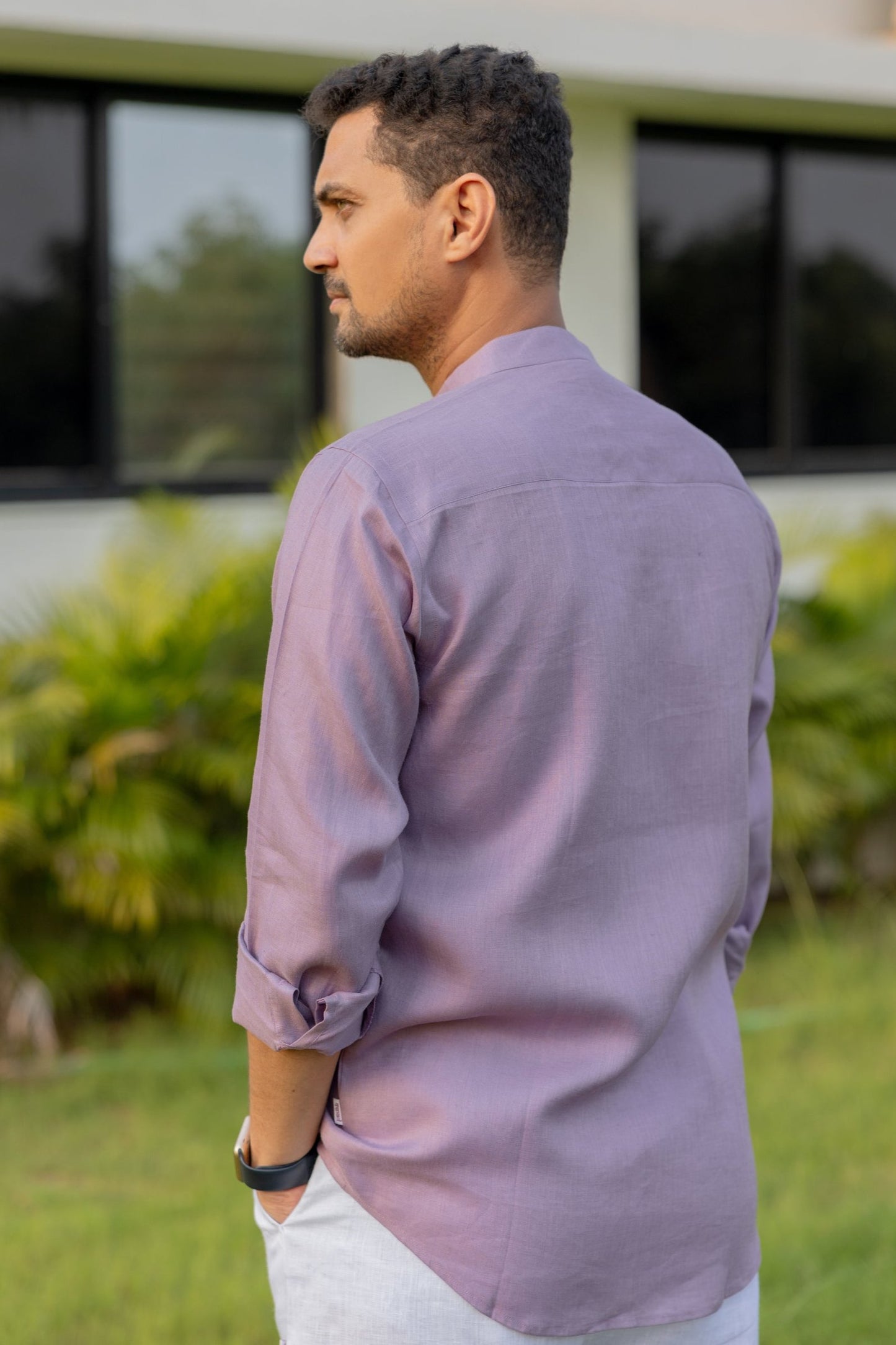 Pure Linen Mandarin Collar Patch Pocket Men's Shirt- Mauve