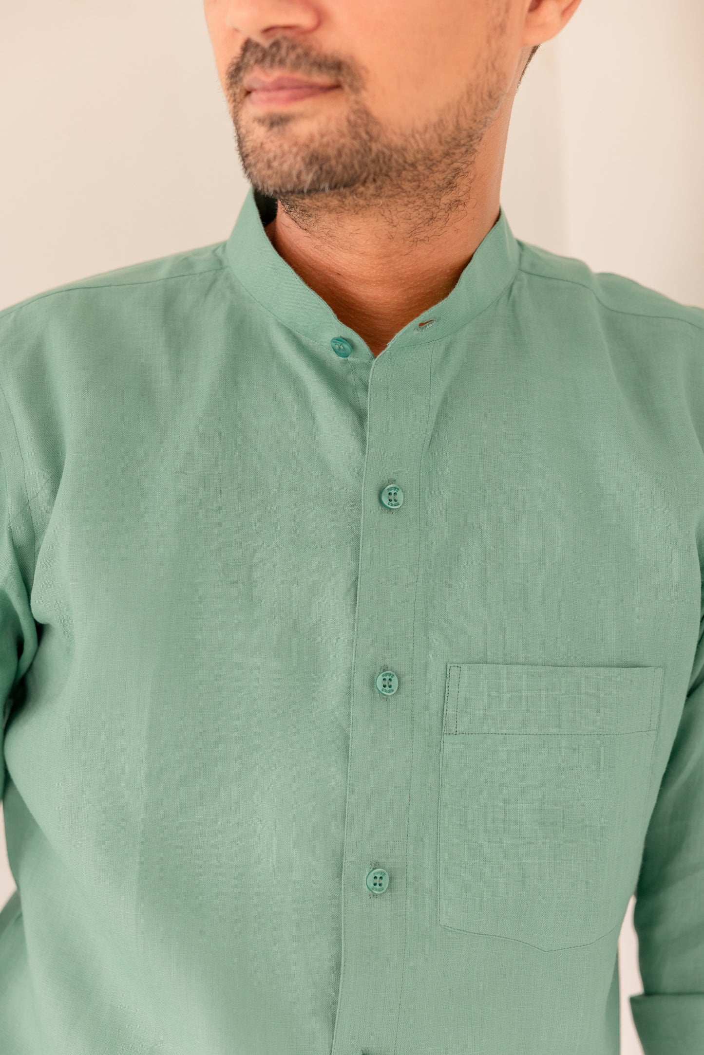 Pure Linen Mandarin Collar Patch Pocket Men's Shirt- Matcha green