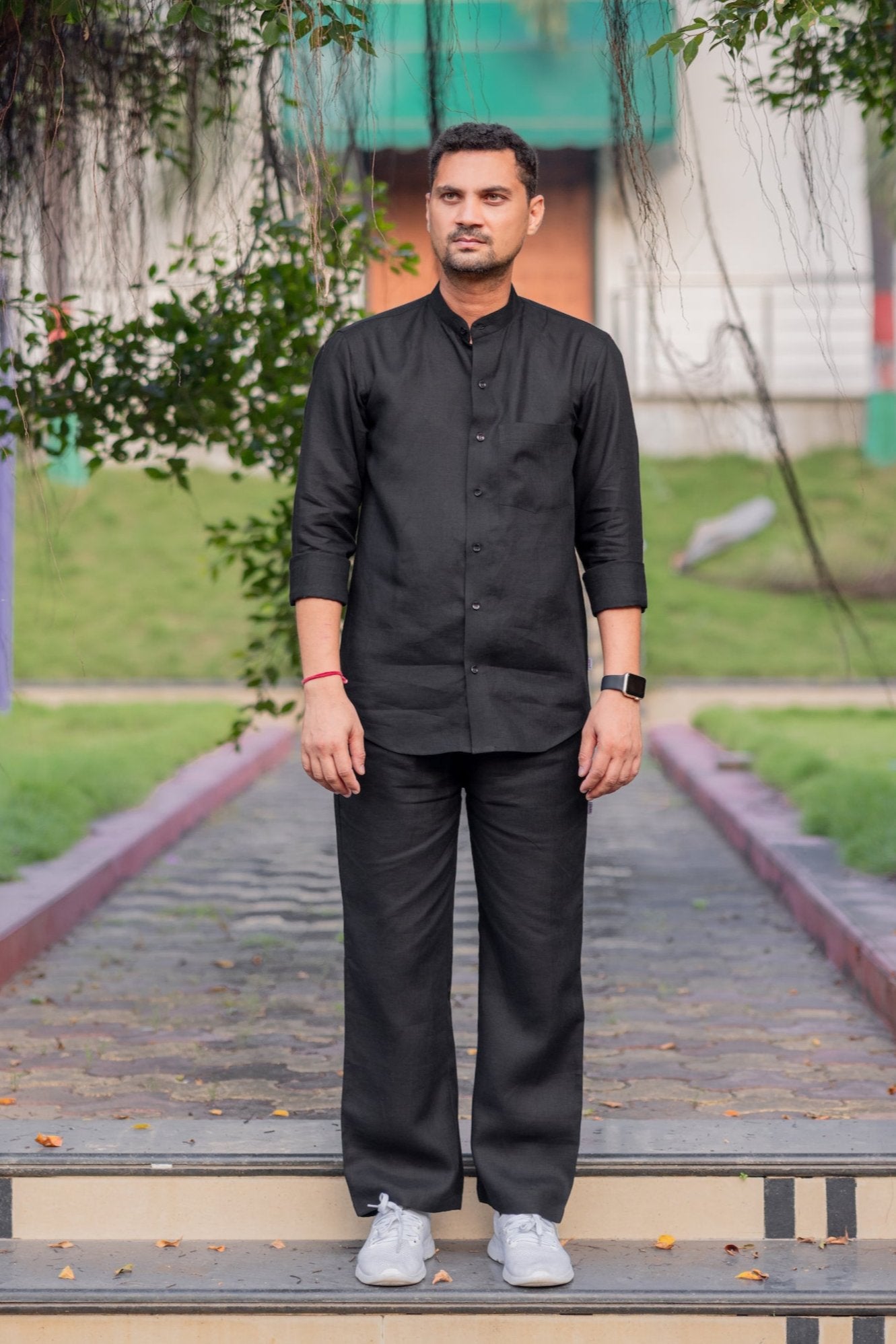 Pure Linen Mandarin Collar Patch Pocket Men's Shirt- Black