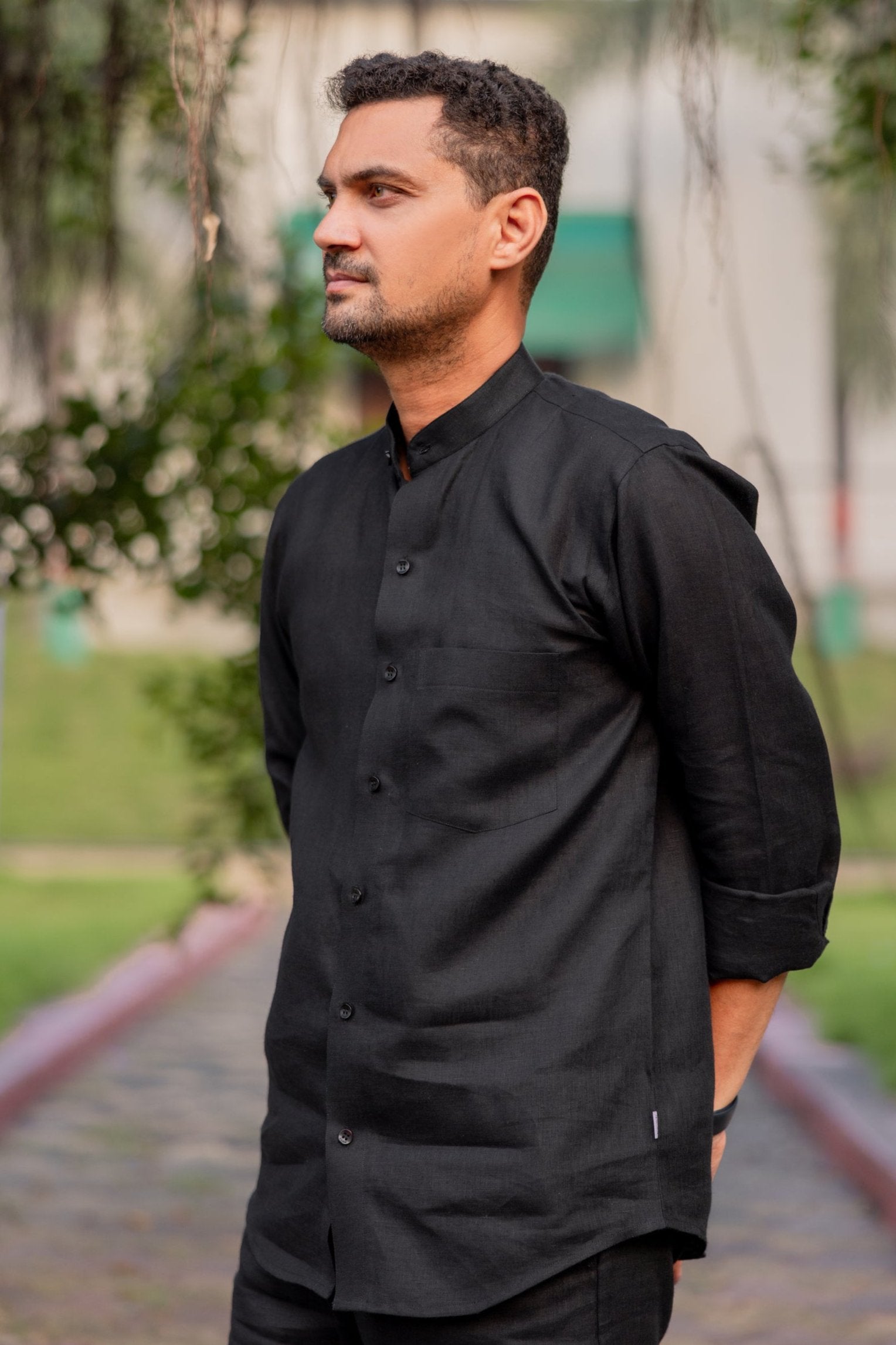Pure Linen Mandarin Collar Patch Pocket Men's Shirt- Black