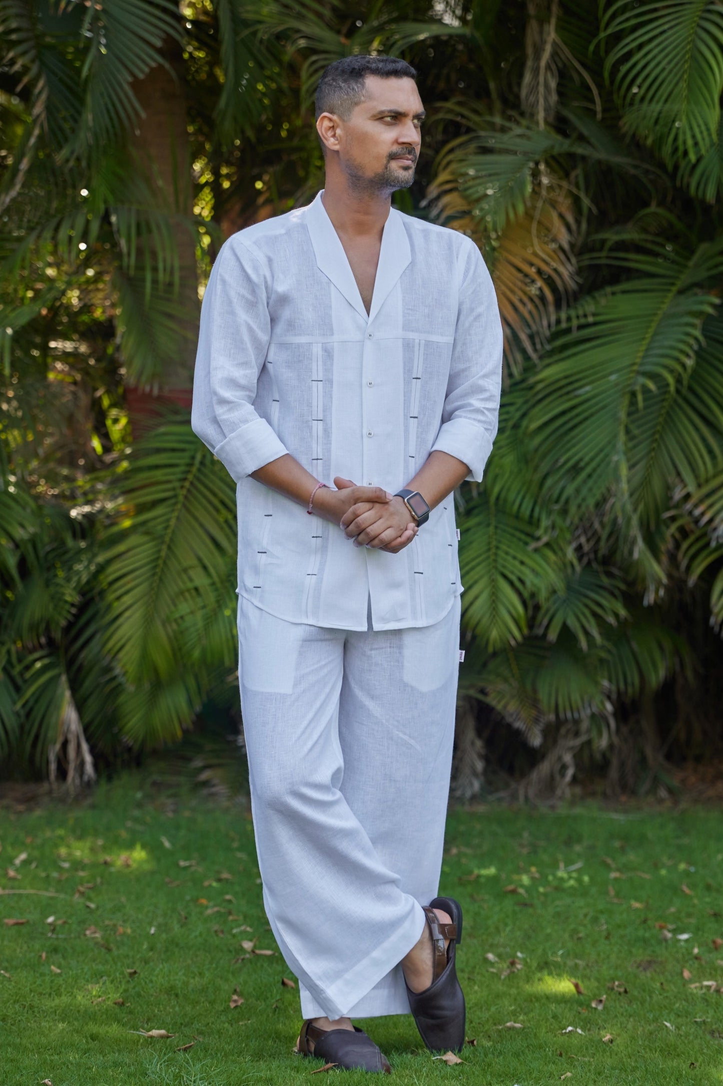 Men's Camp collar pure linen shirt-white
