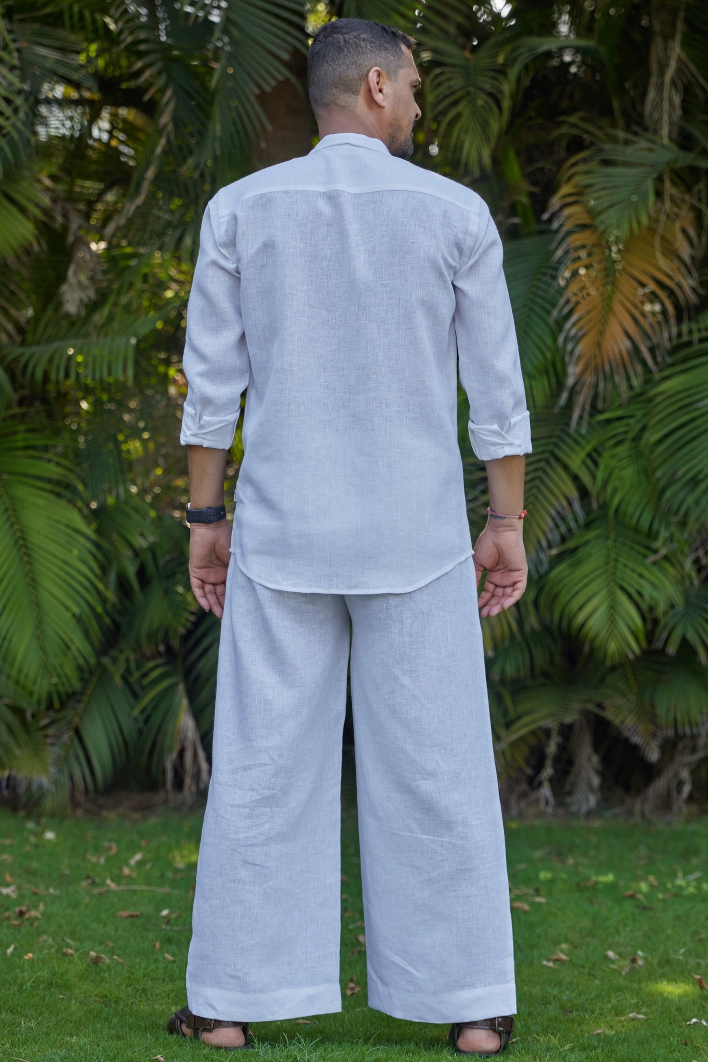 Men's Camp collar pure linen shirt-white