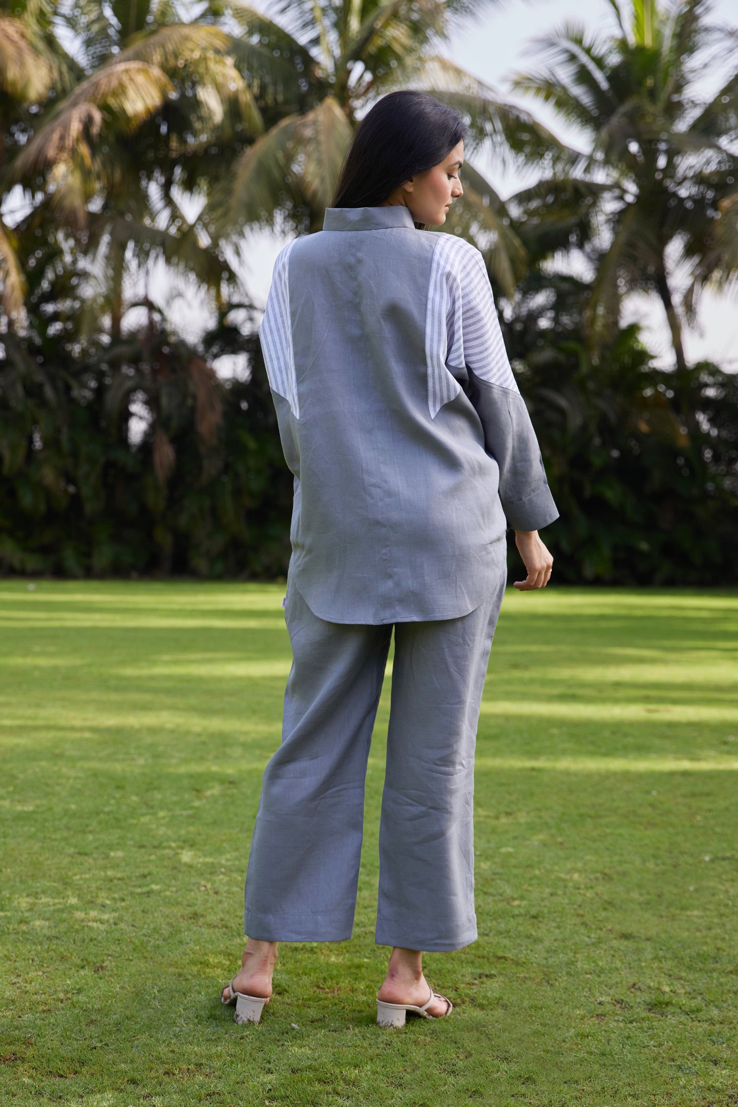 Shoulder Stripe linen Shirt- Cloud Grey