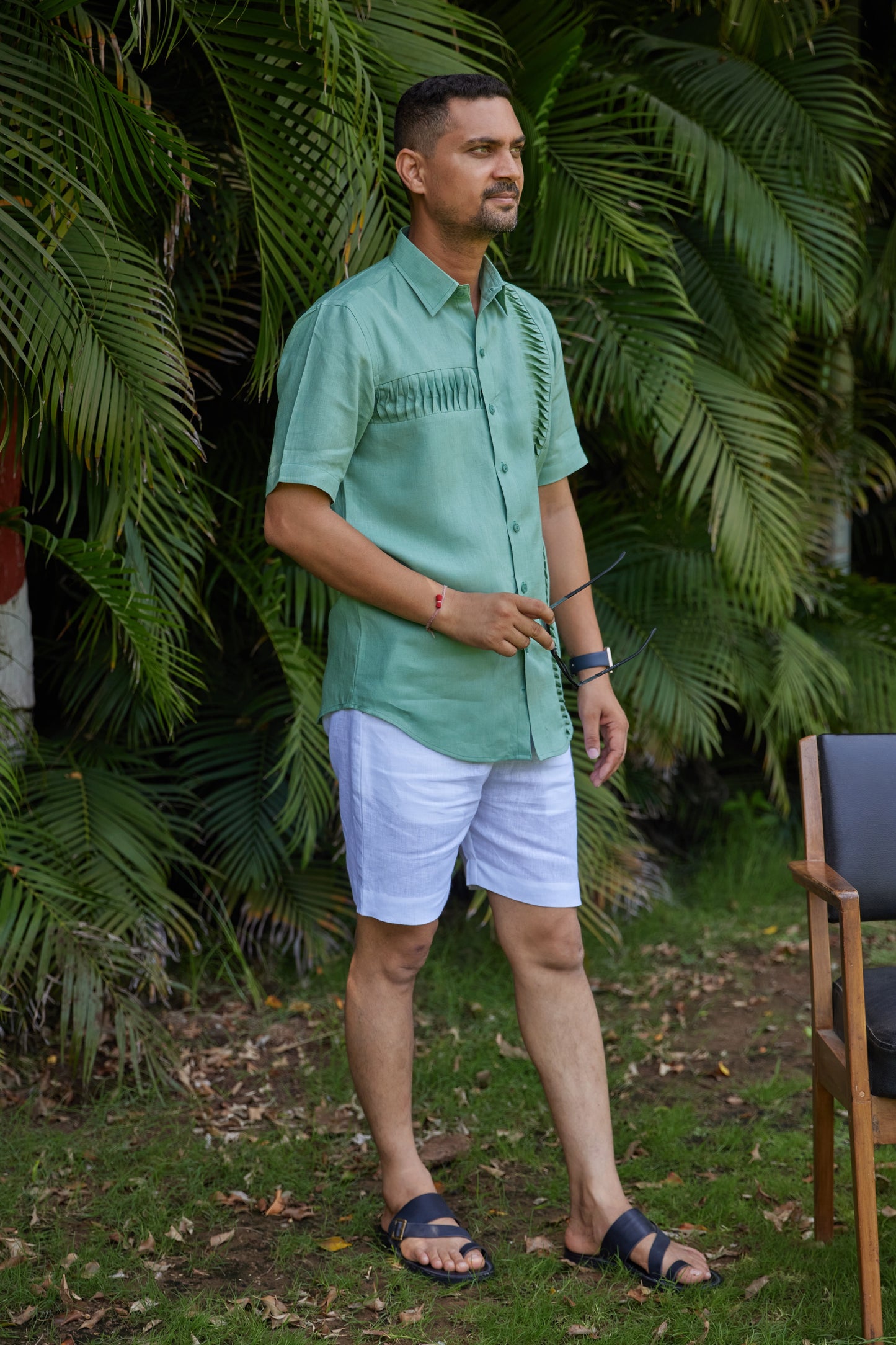 Men’s Pure Linen Pintuck Button-Down Shirt – Green