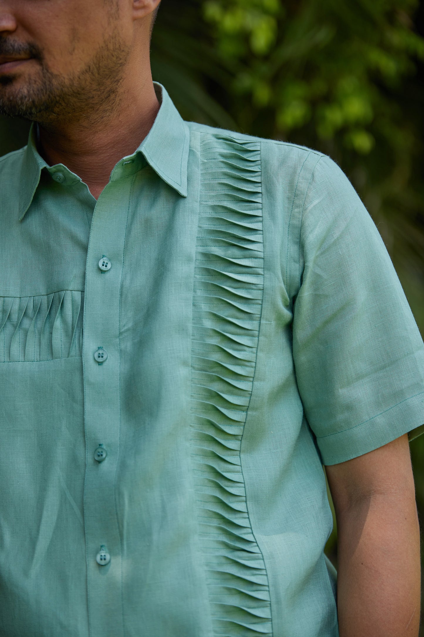 Men’s Pure Linen Pintuck Button-Down Shirt – Green