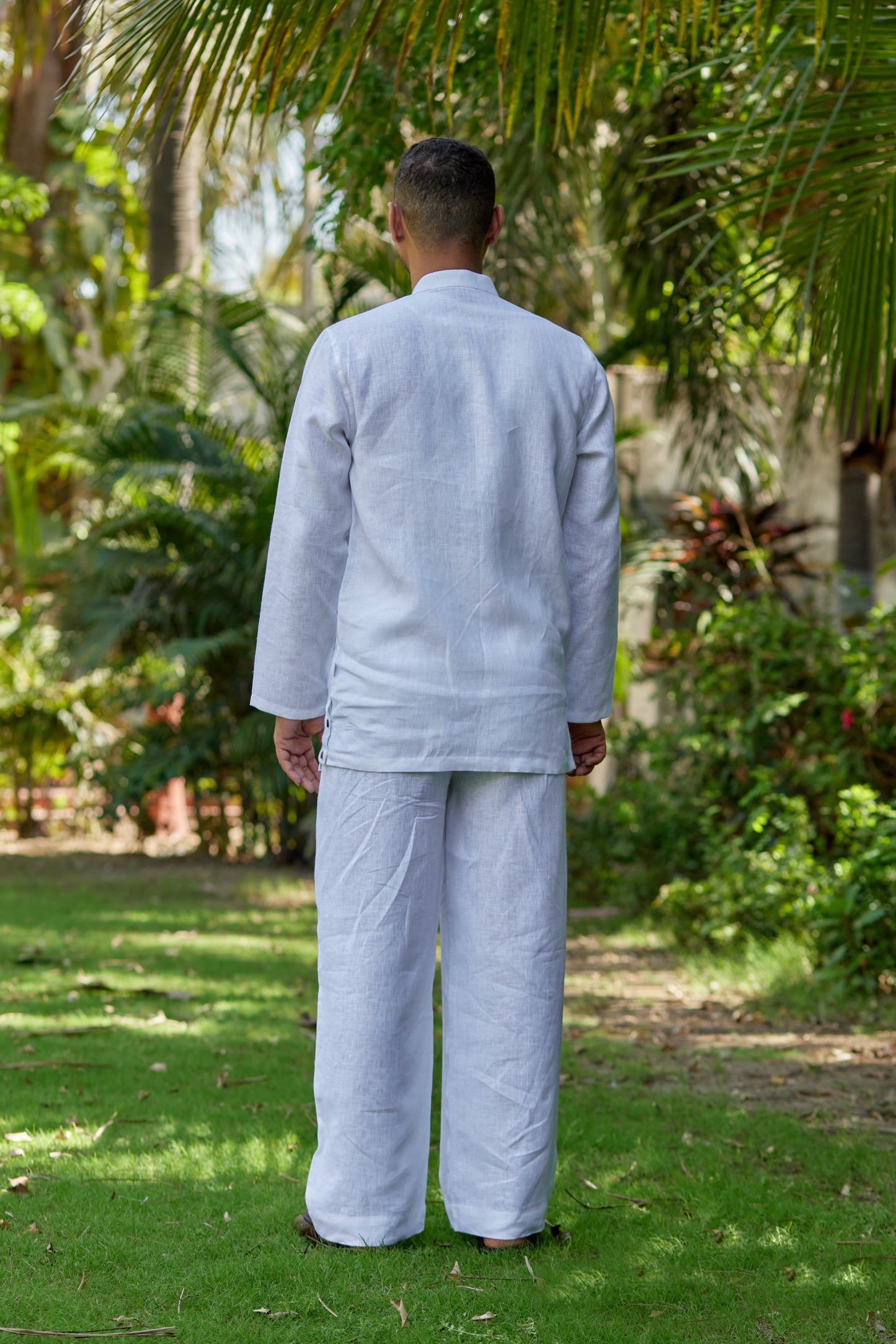Men’s Pure Linen Criss-Cross Button Stand Collar Kurta– White