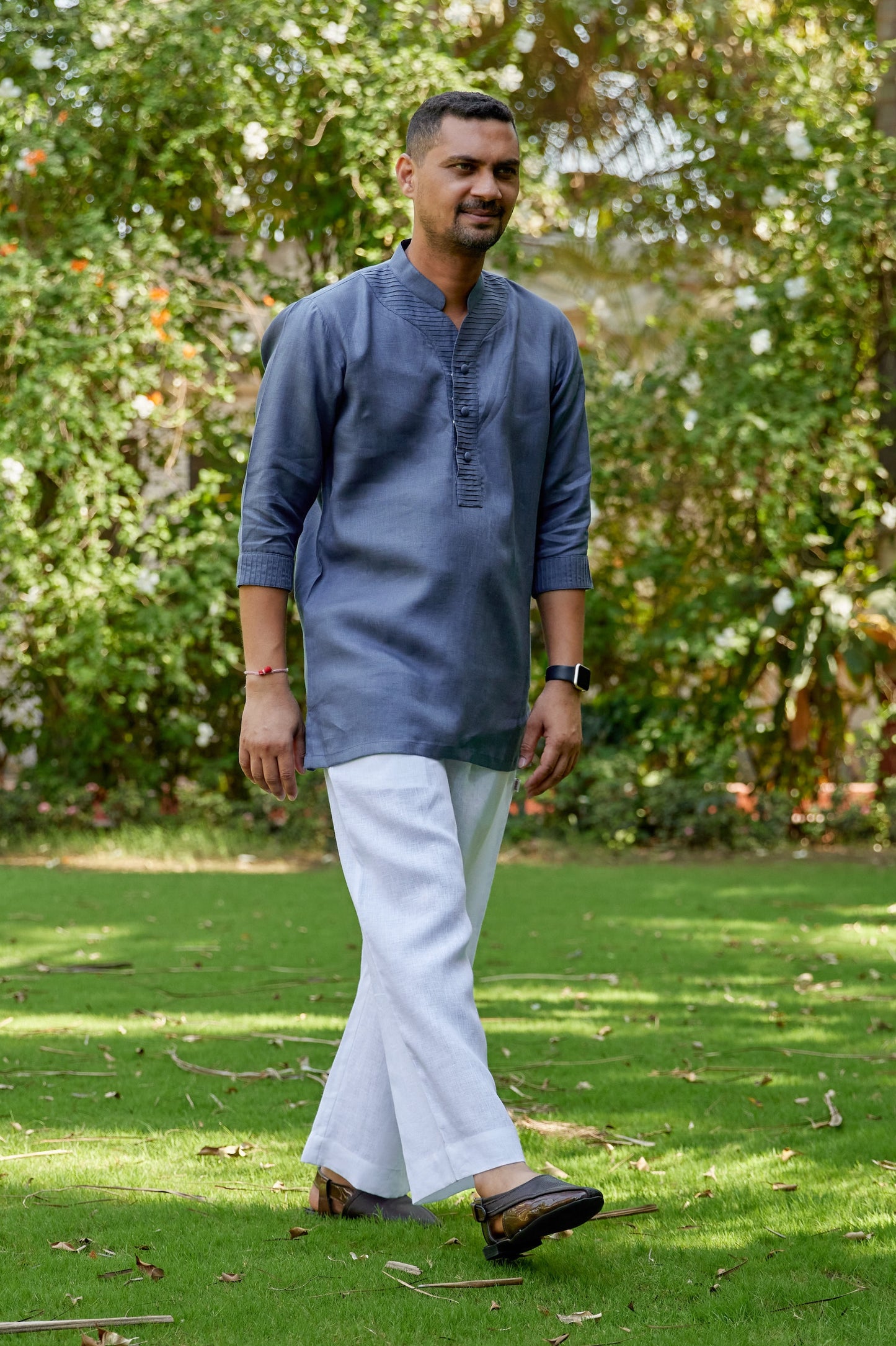 Men’s Pure Linen Pin tuck Stand Collar short Kurta – Stone Grey