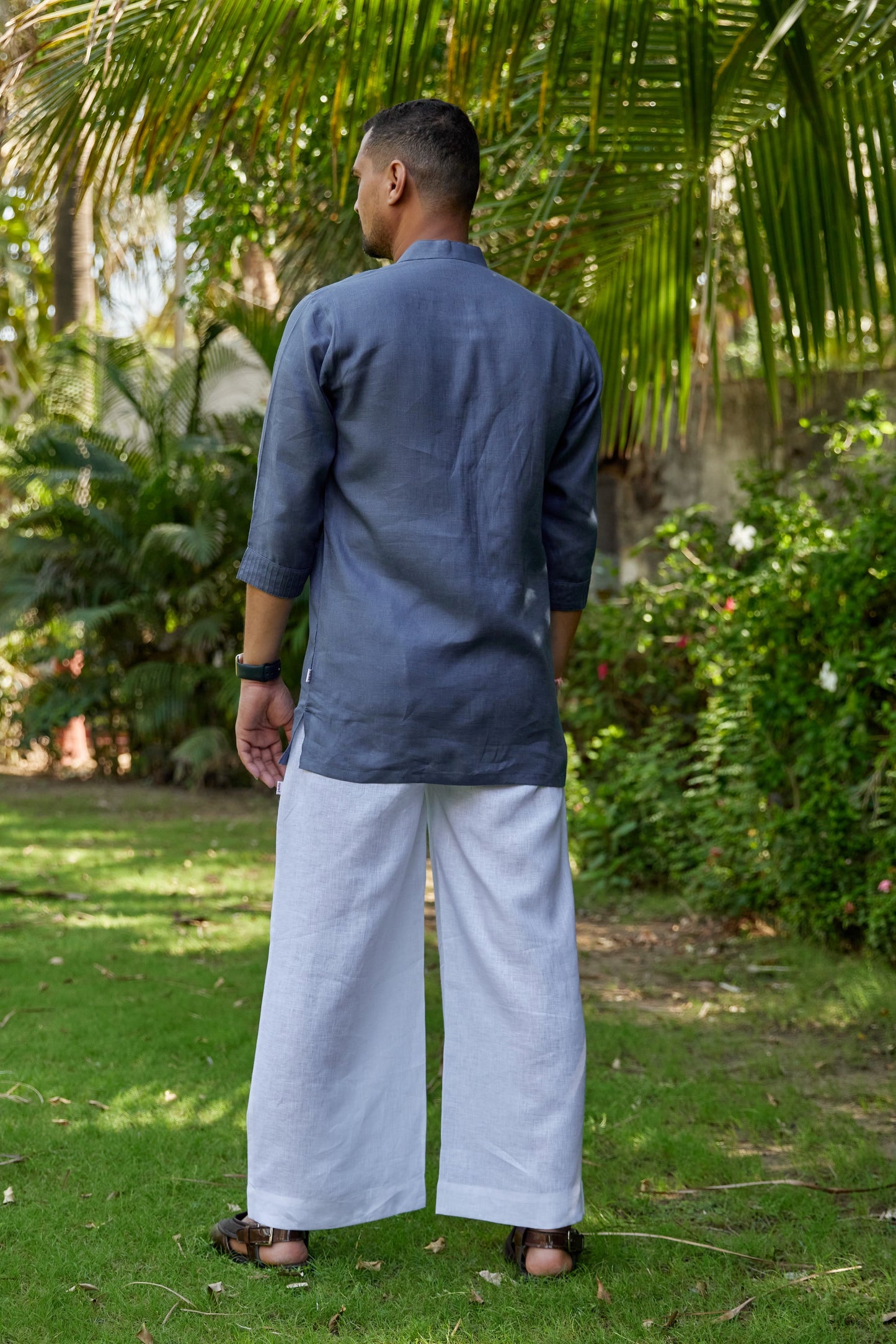 Men’s Pure Linen Pin tuck Stand Collar short Kurta – Stone Grey