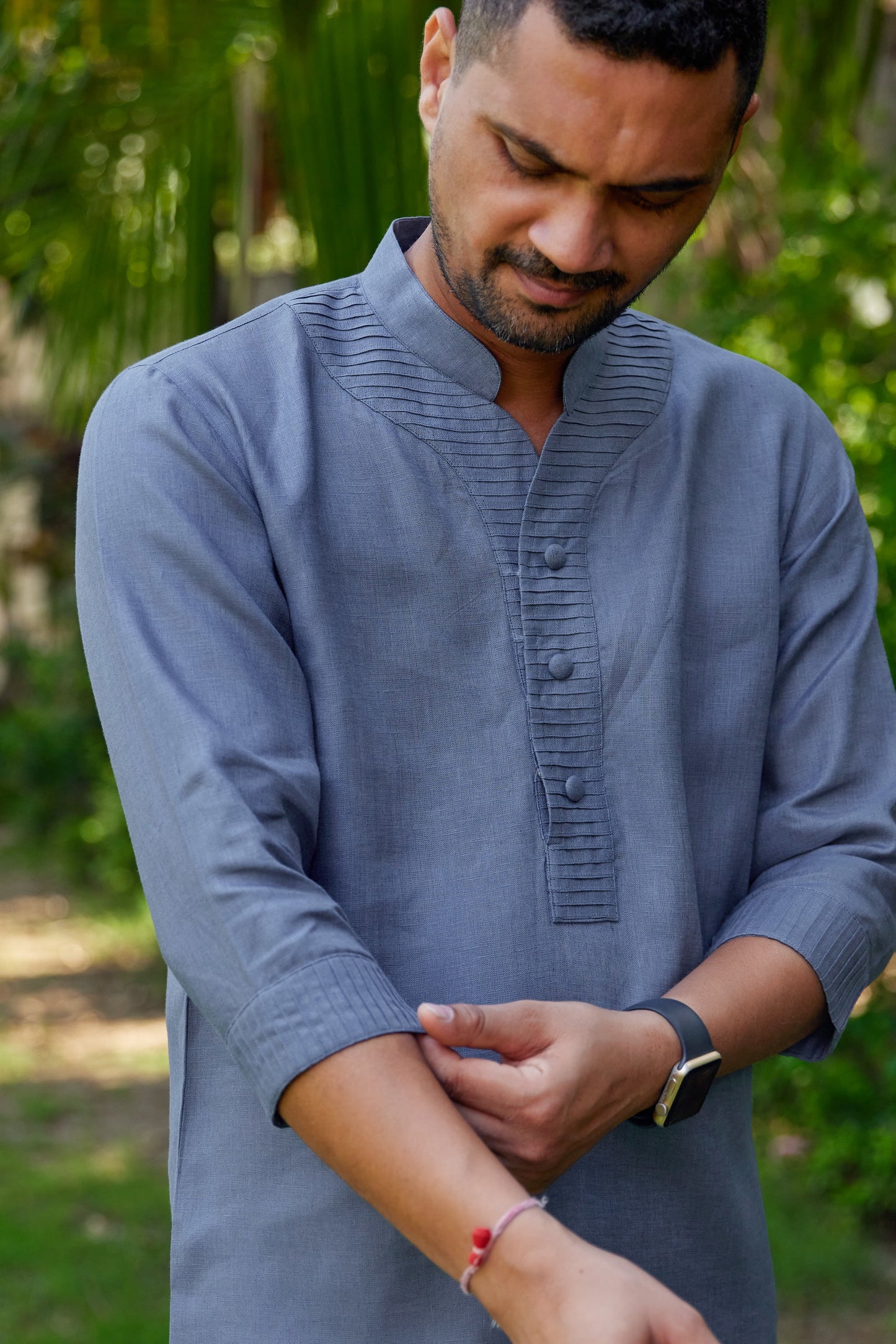 Men’s Pure Linen Pin tuck Stand Collar short Kurta – Stone Grey