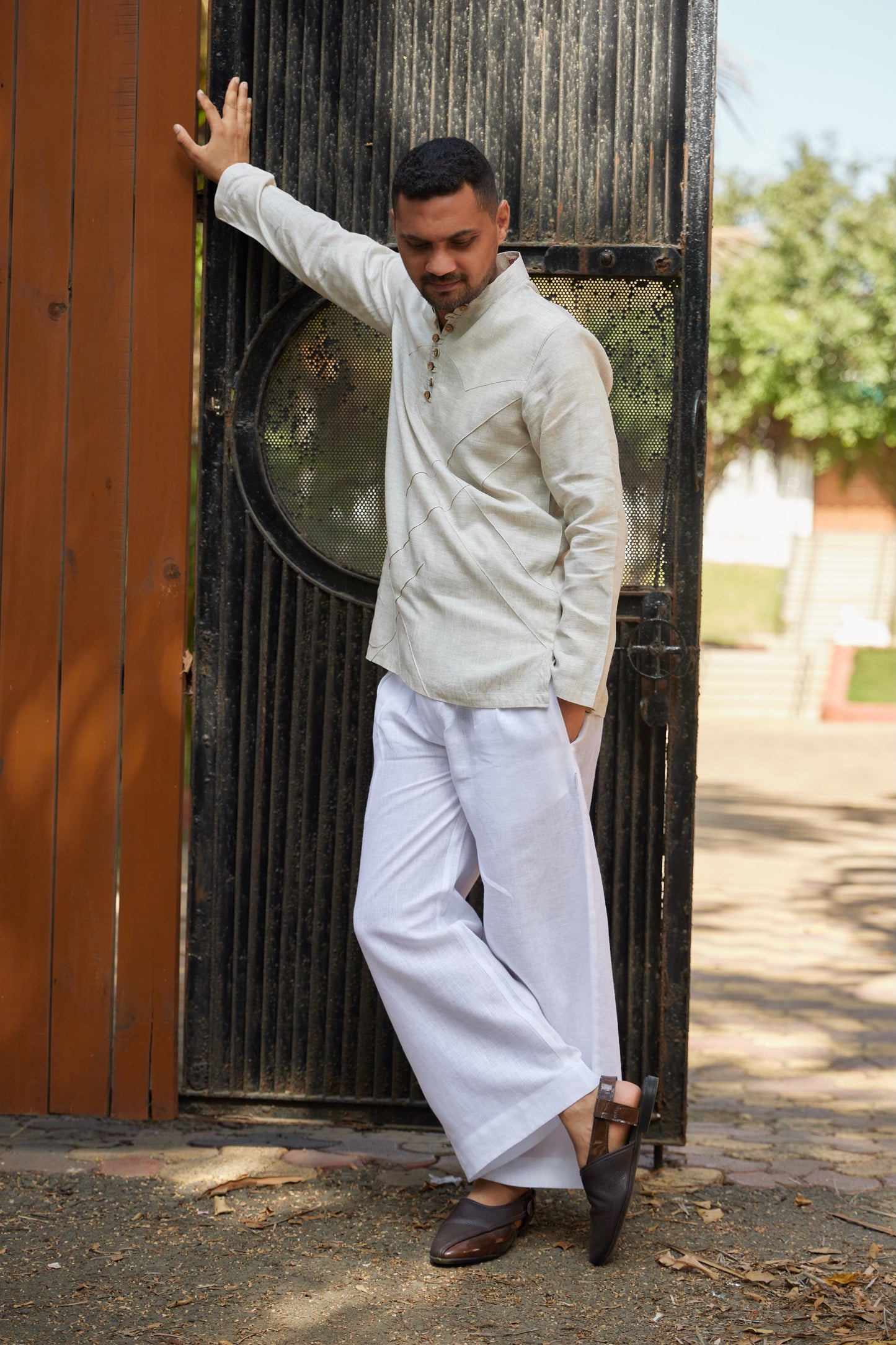 Men’s Pure Linen Criss-Cross Button Stand Collar kurta- Beige