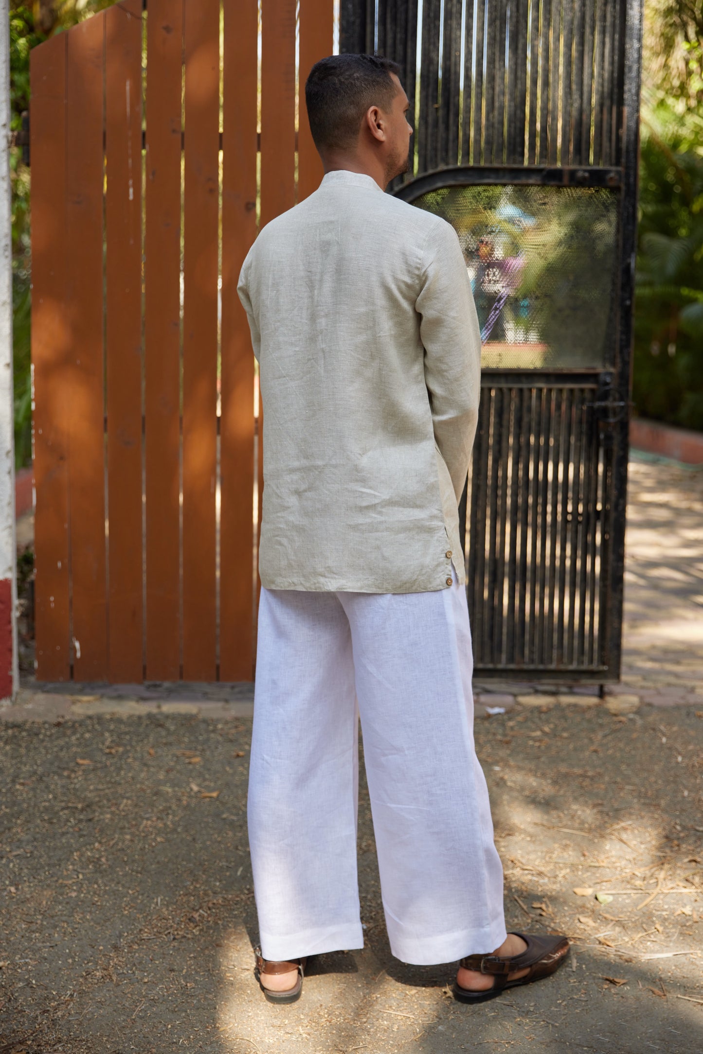 Men’s Pure Linen Criss-Cross Button Stand Collar kurta- Beige