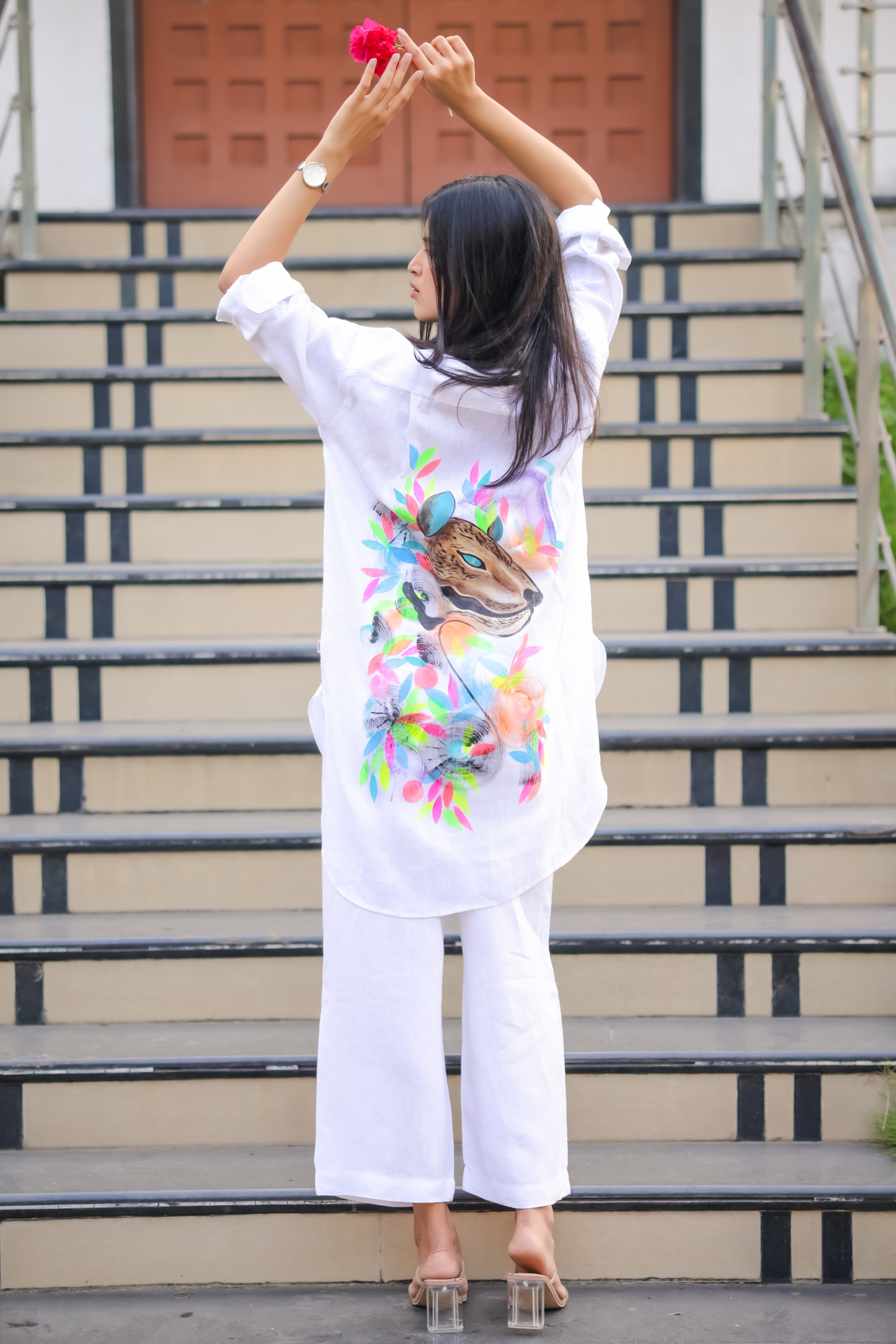 Hand-Painted White shirt with Vibrant Tiger Design