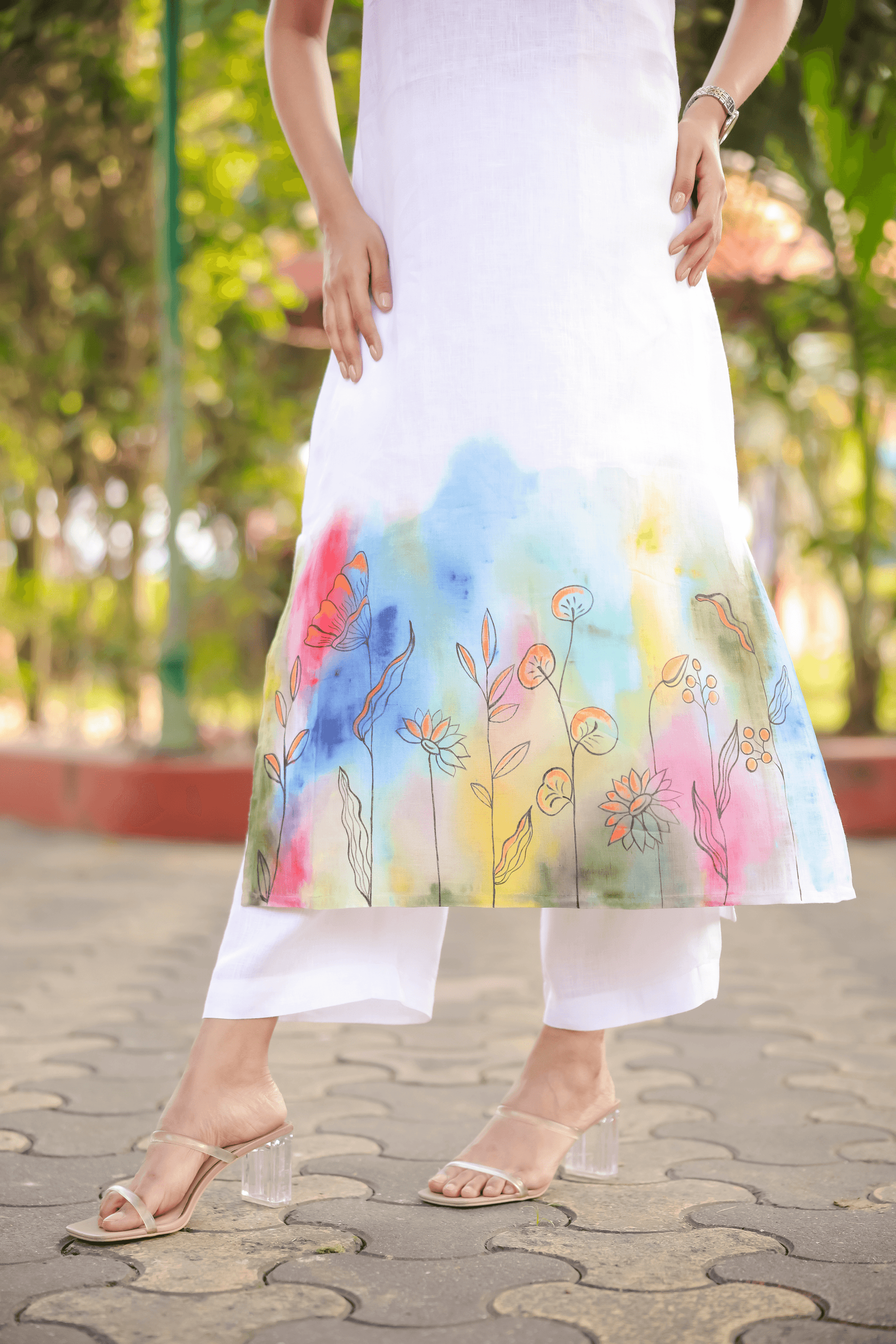 Hand-Painted White Kurta with Colorful Patterns - Kaapad
