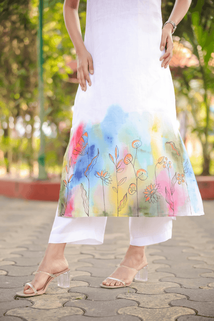 Hand-Painted White Kurta with Colorful Patterns - Kaapad