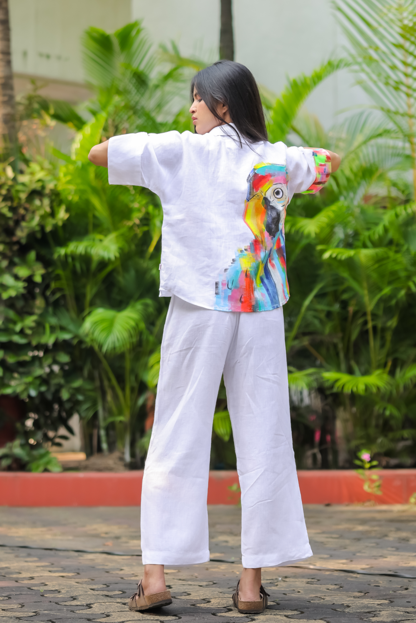 Hand-Painted White Kurta with Vibrant Parrot Design - Kaapad