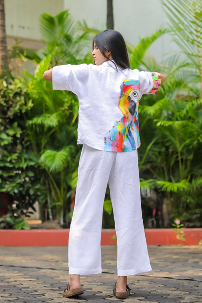 Hand-Painted White Kurta with Vibrant Parrot Design - Kaapad
