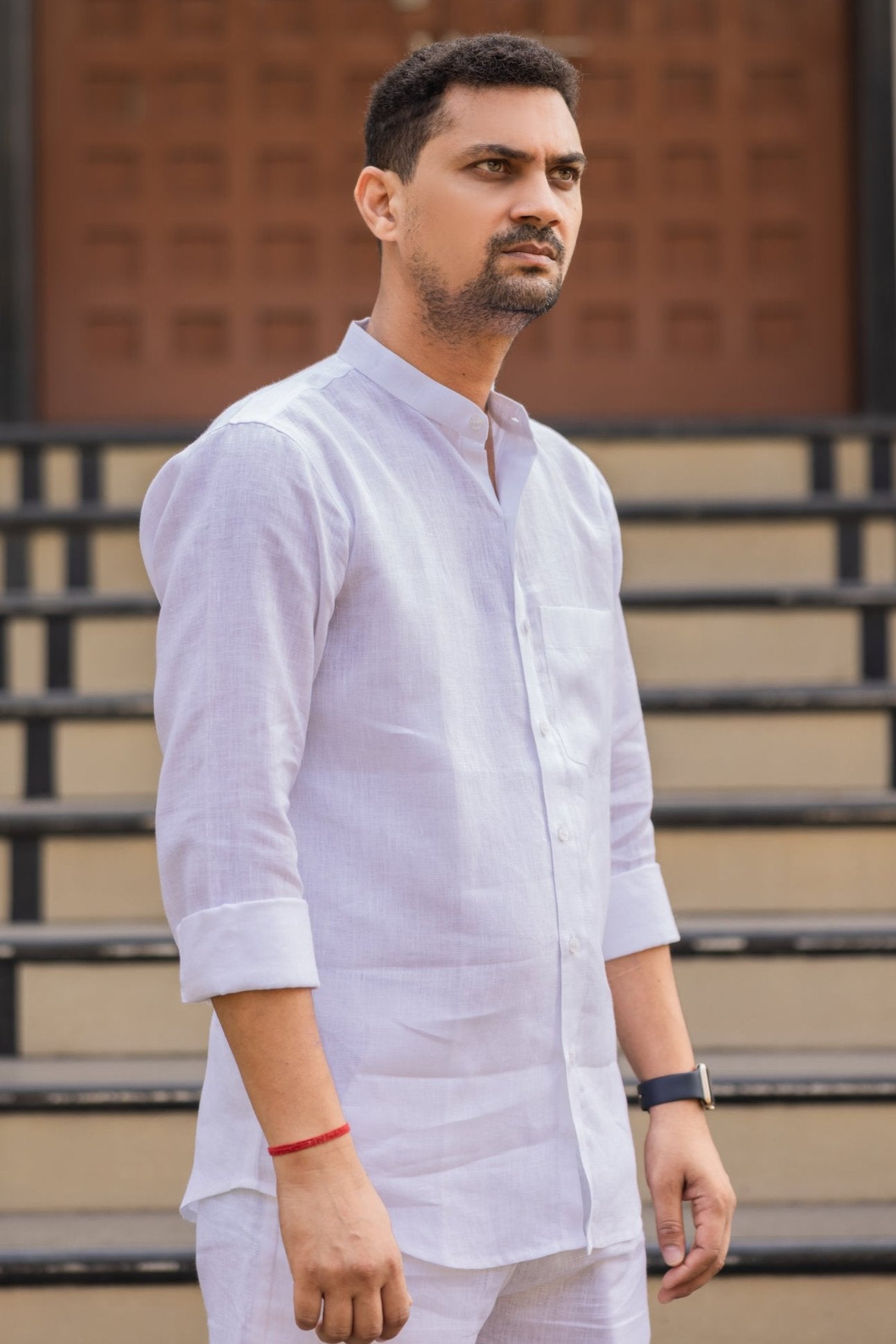 Pure Linen Mandarin Collar Patch Pocket Men's Shirt- White