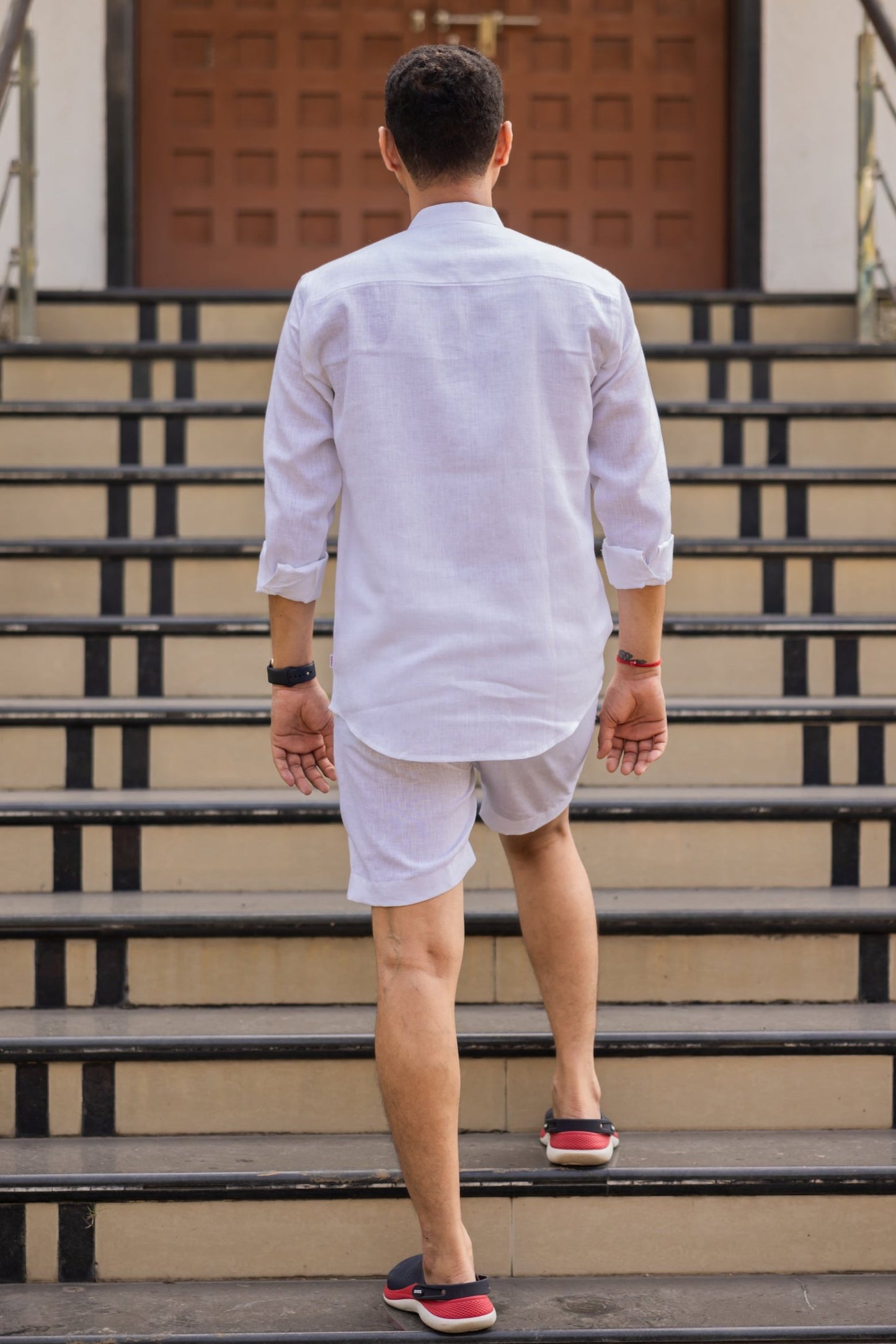Pure Linen Mandarin Collar Patch Pocket Men's Shirt- White