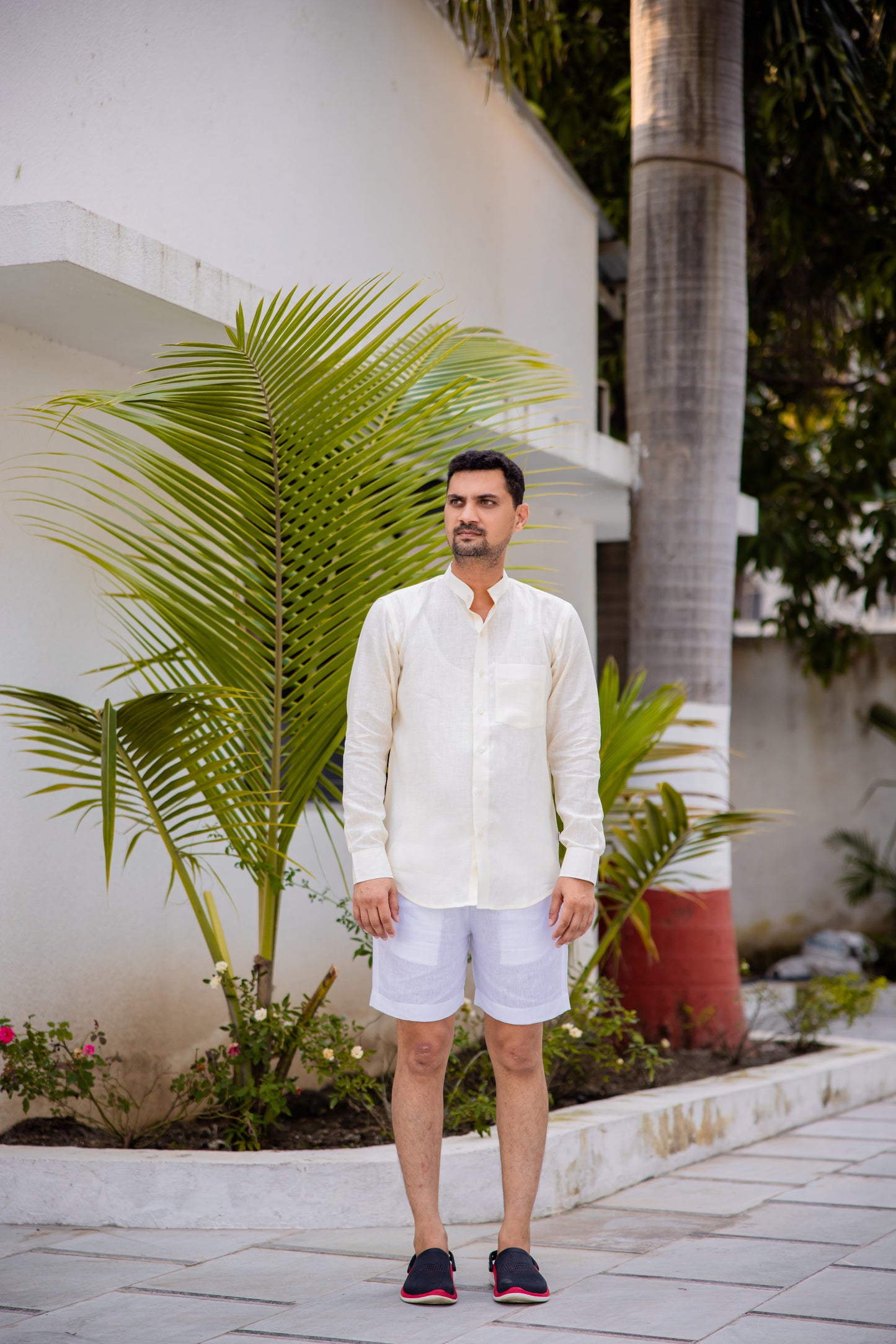 Pure Linen Mandarin Collar Patch Pocket Men's Shirt- Pearl Ivory