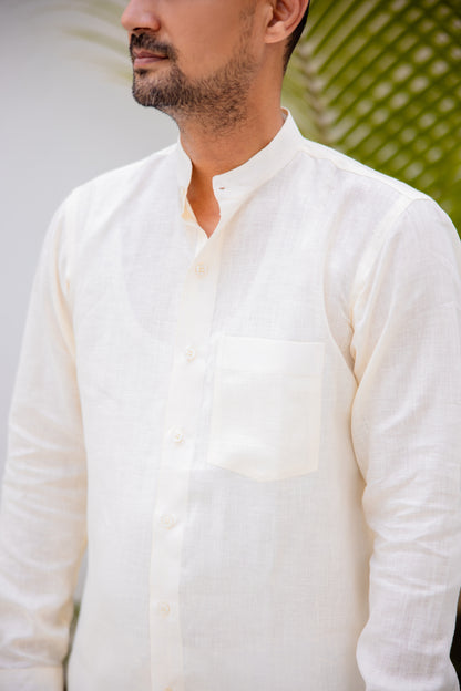 Pure Linen Mandarin Collar Patch Pocket Men's Shirt- Pearl Ivory