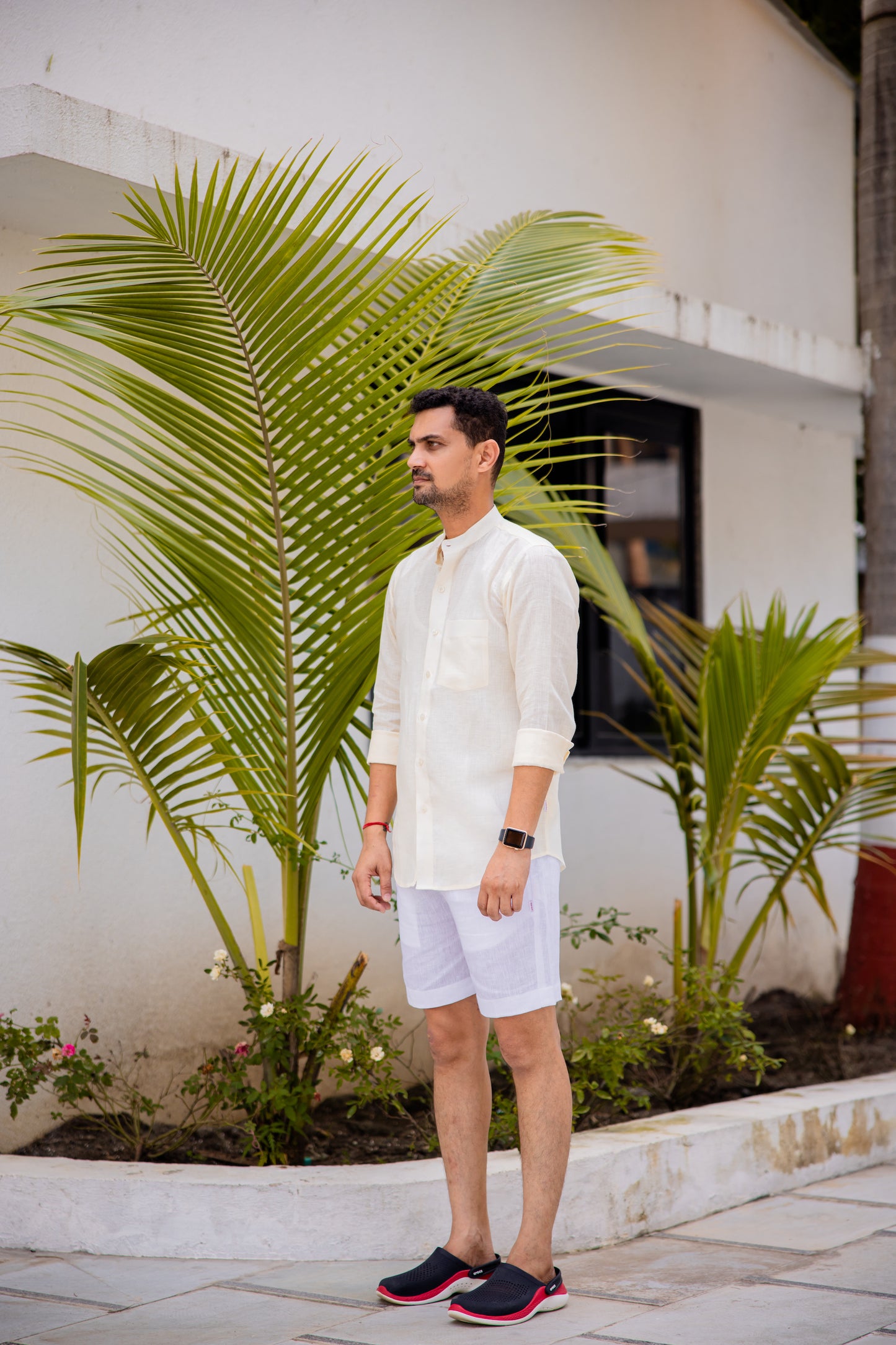 Pure Linen Mandarin Collar Patch Pocket Men's Shirt- Pearl Ivory