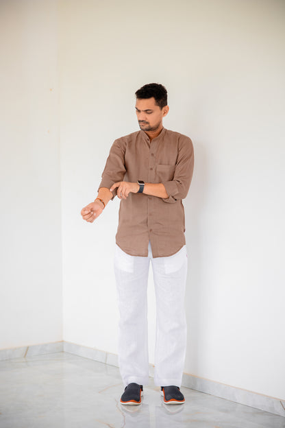 Pure Linen Mandarin Collar Patch Pocket Men's Shirt- Chocolate Mousse