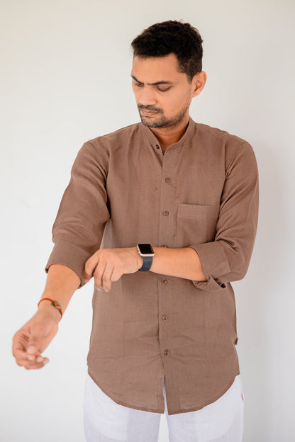 Pure Linen Mandarin Collar Patch Pocket Men's Shirt- Chocolate Mousse