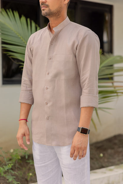 Pure Linen Mandarin Collar Patch Pocket Men's Shirt-Beige