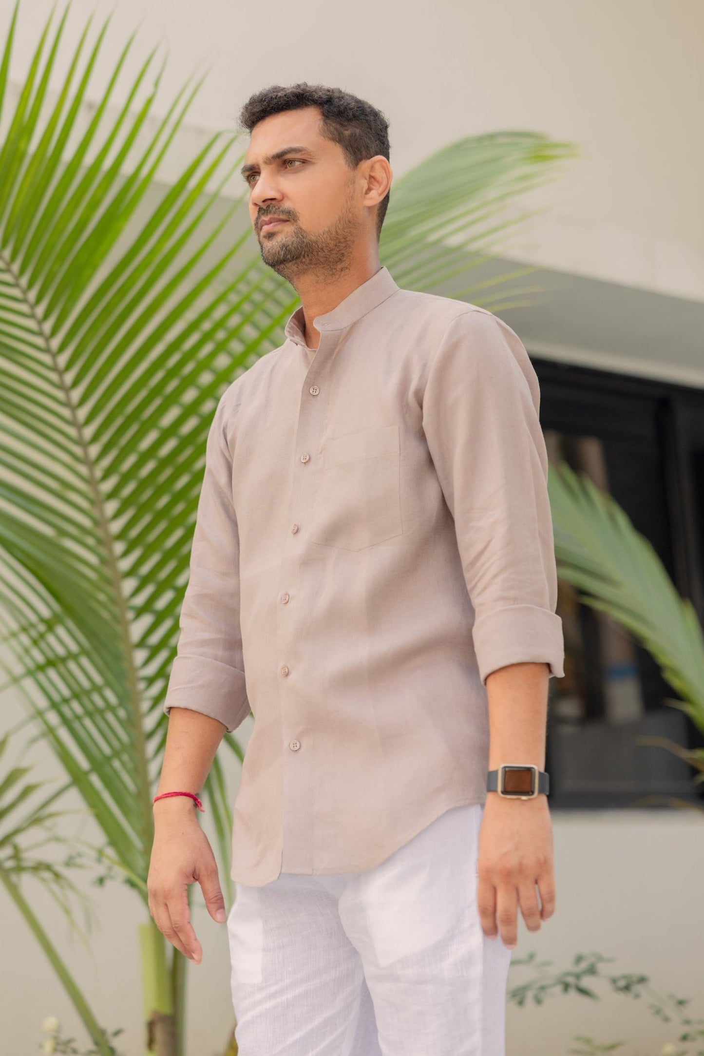 Pure Linen Mandarin Collar Patch Pocket Men's Shirt-Beige