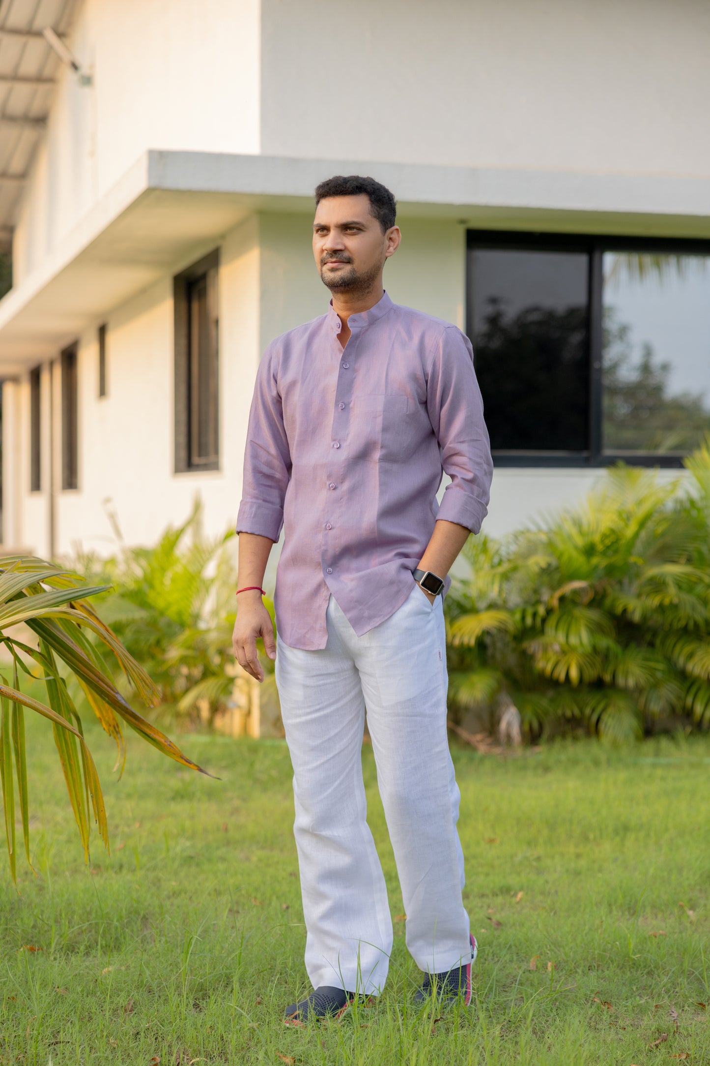 Pure Linen Mandarin Collar Patch Pocket Men's Shirt- Mauve