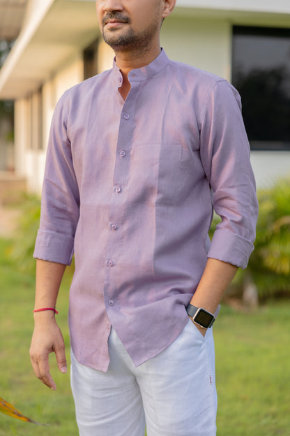 Pure Linen Mandarin Collar Patch Pocket Men's Shirt- Mauve