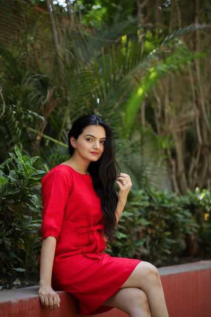 Radiant Red Tie-Waist Dress - Kaapad