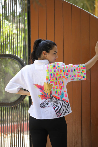 Regal Stripes: The Hand-Painted Zebra Crown Shirt - Kaapad