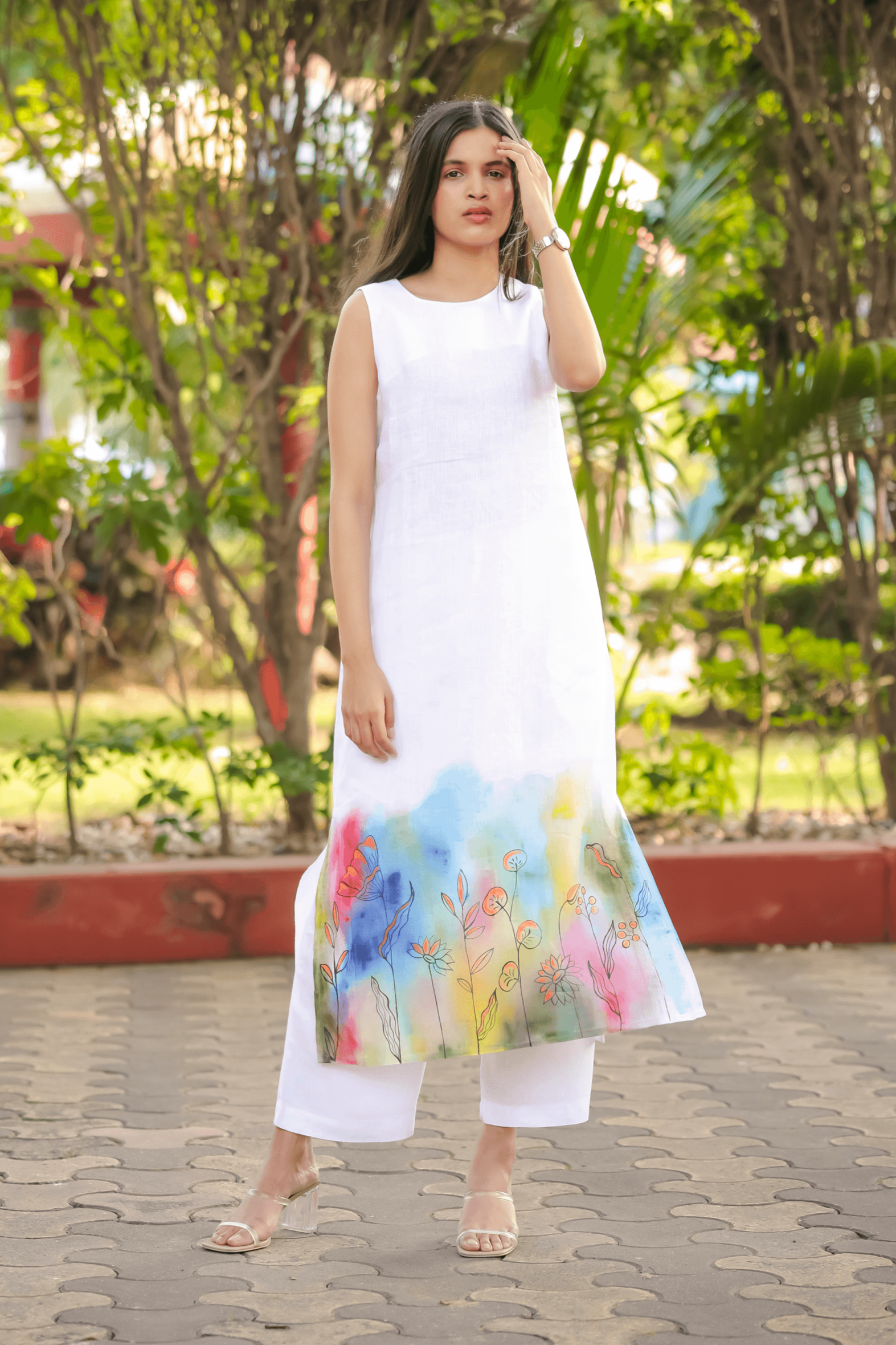 Hand-Painted White Kurta with Colorful Patterns - Kaapad