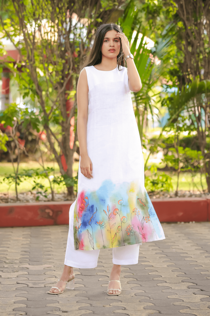 Hand-Painted White Kurta with Colorful Patterns - Kaapad